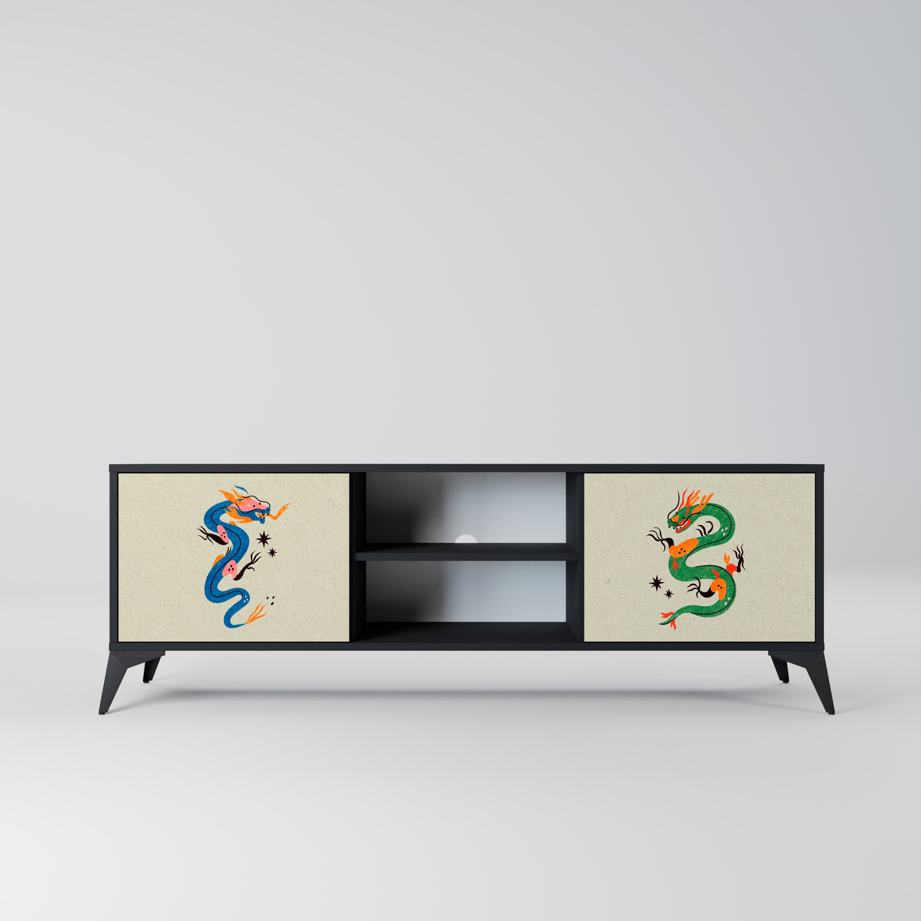 Mueble de TV de 2 puertas con acabado negro CRIATURAS MITOLÓGICAS