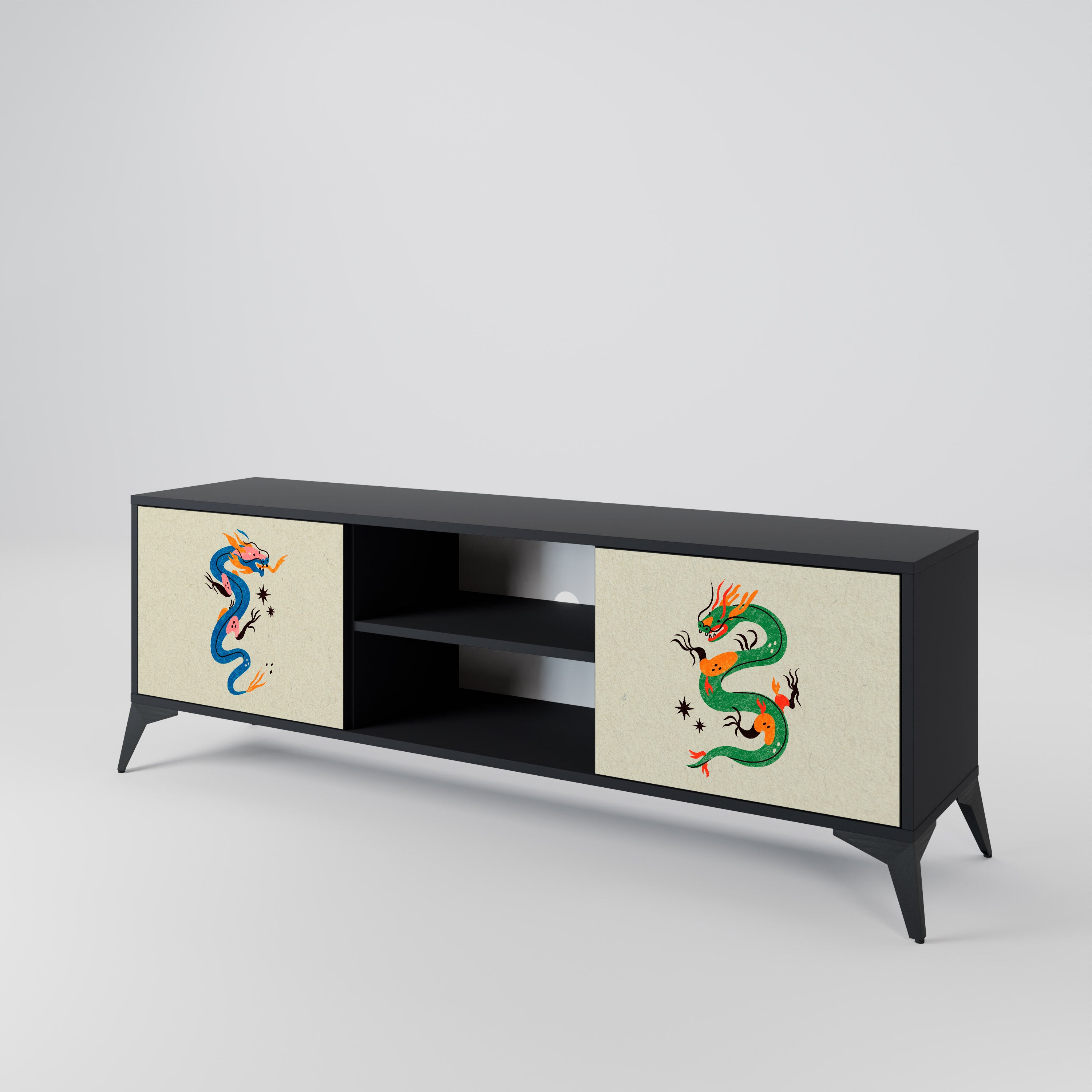 Mueble de TV de 2 puertas con acabado negro CRIATURAS MITOLÓGICAS