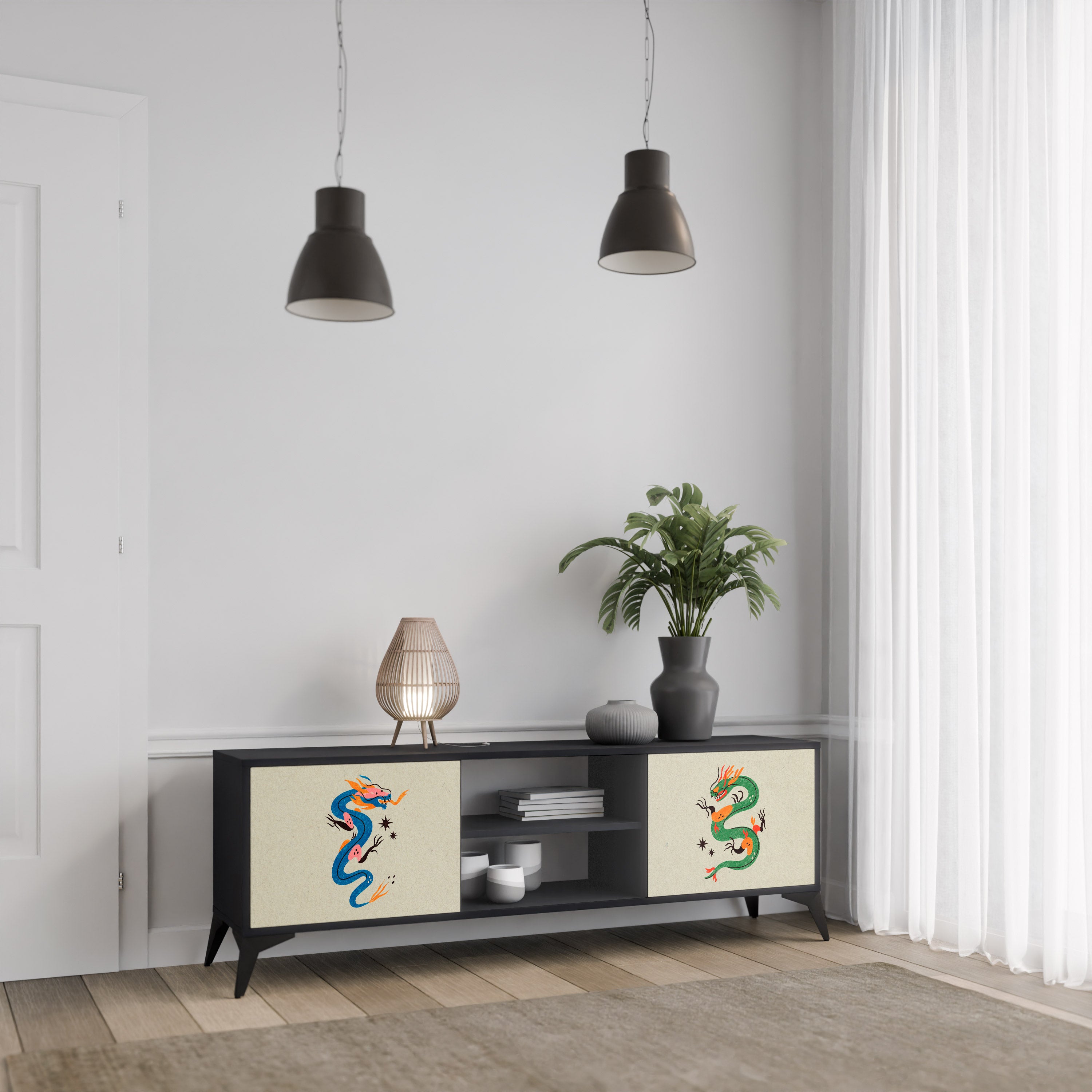 Mueble de TV de 2 puertas con acabado negro CRIATURAS MITOLÓGICAS