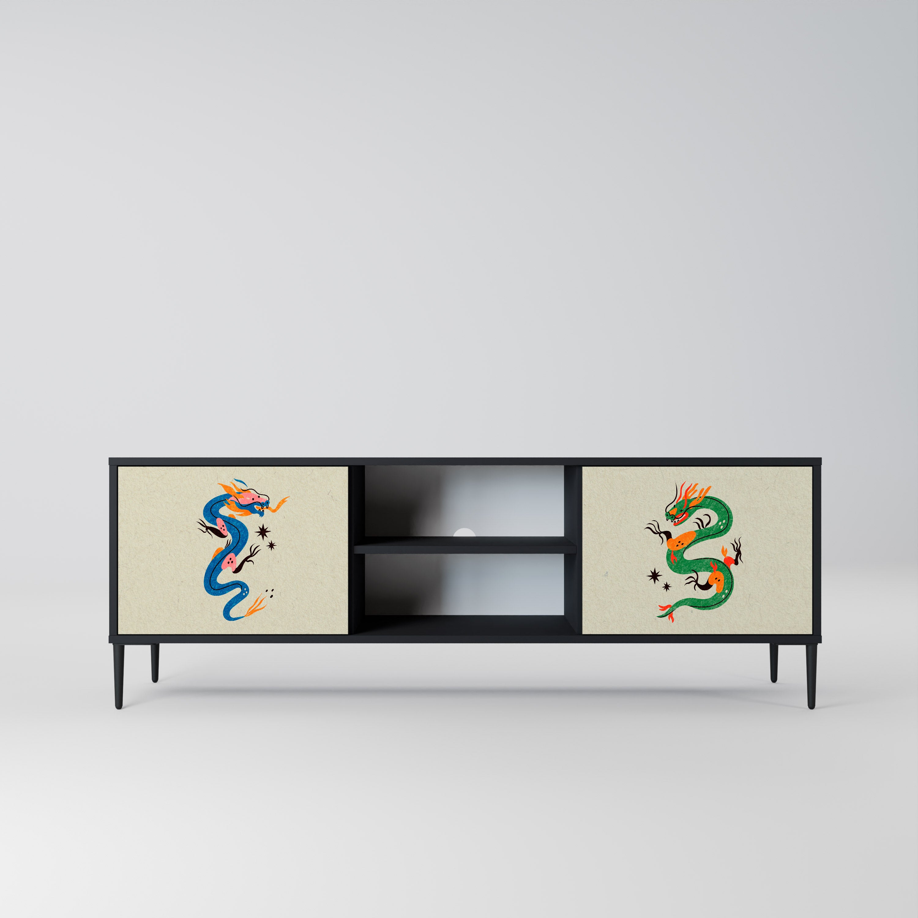 Mueble de TV de 2 puertas con acabado negro CRIATURAS MITOLÓGICAS