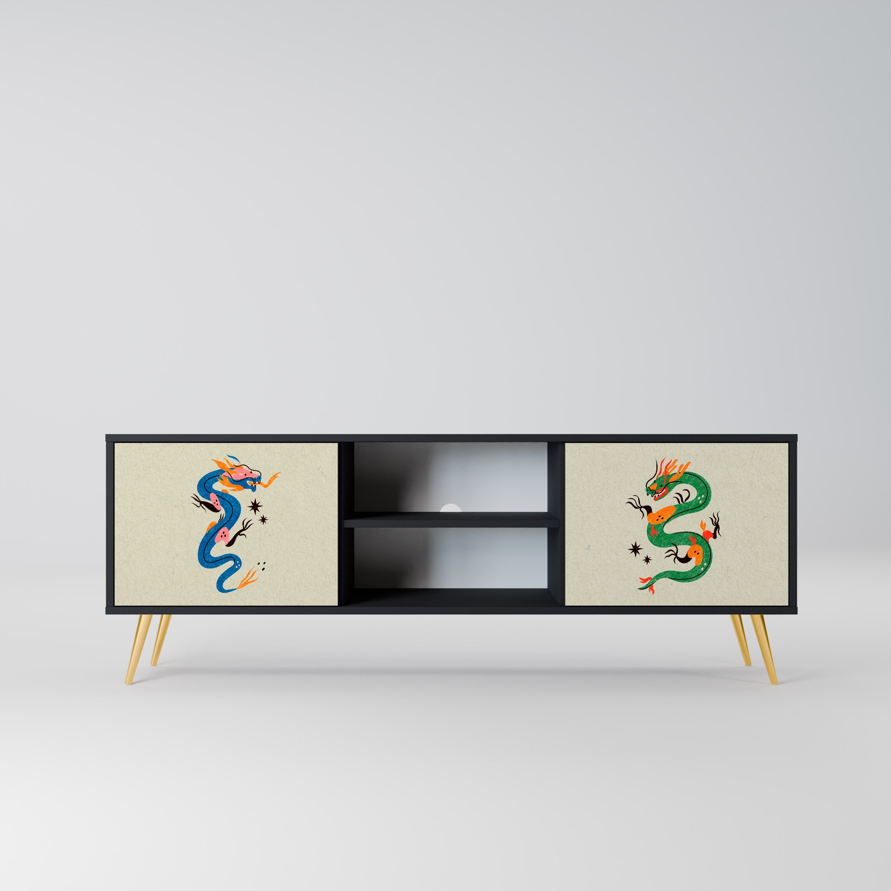 Mueble de TV de 2 puertas con acabado negro CRIATURAS MITOLÓGICAS