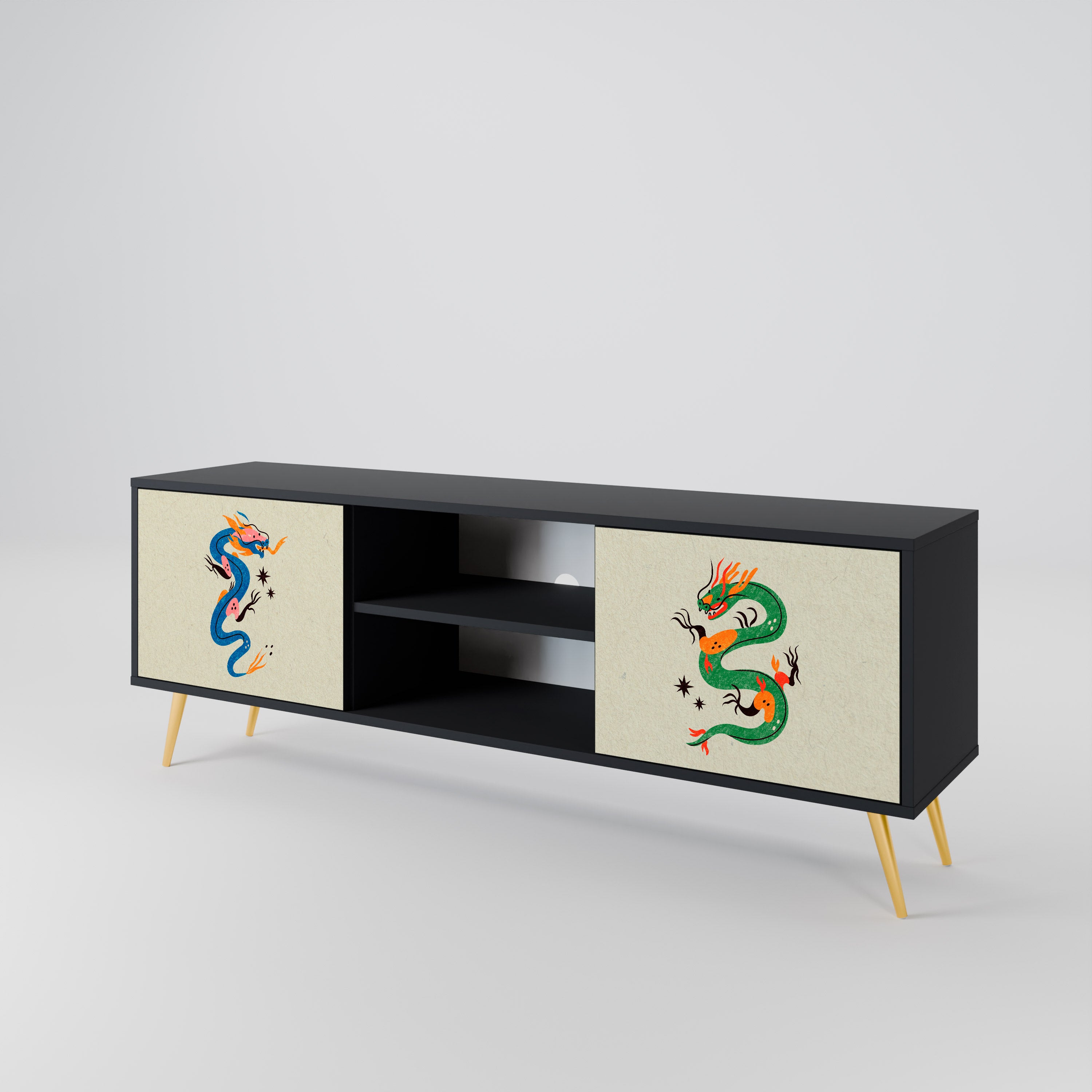 Mueble de TV de 2 puertas con acabado negro CRIATURAS MITOLÓGICAS