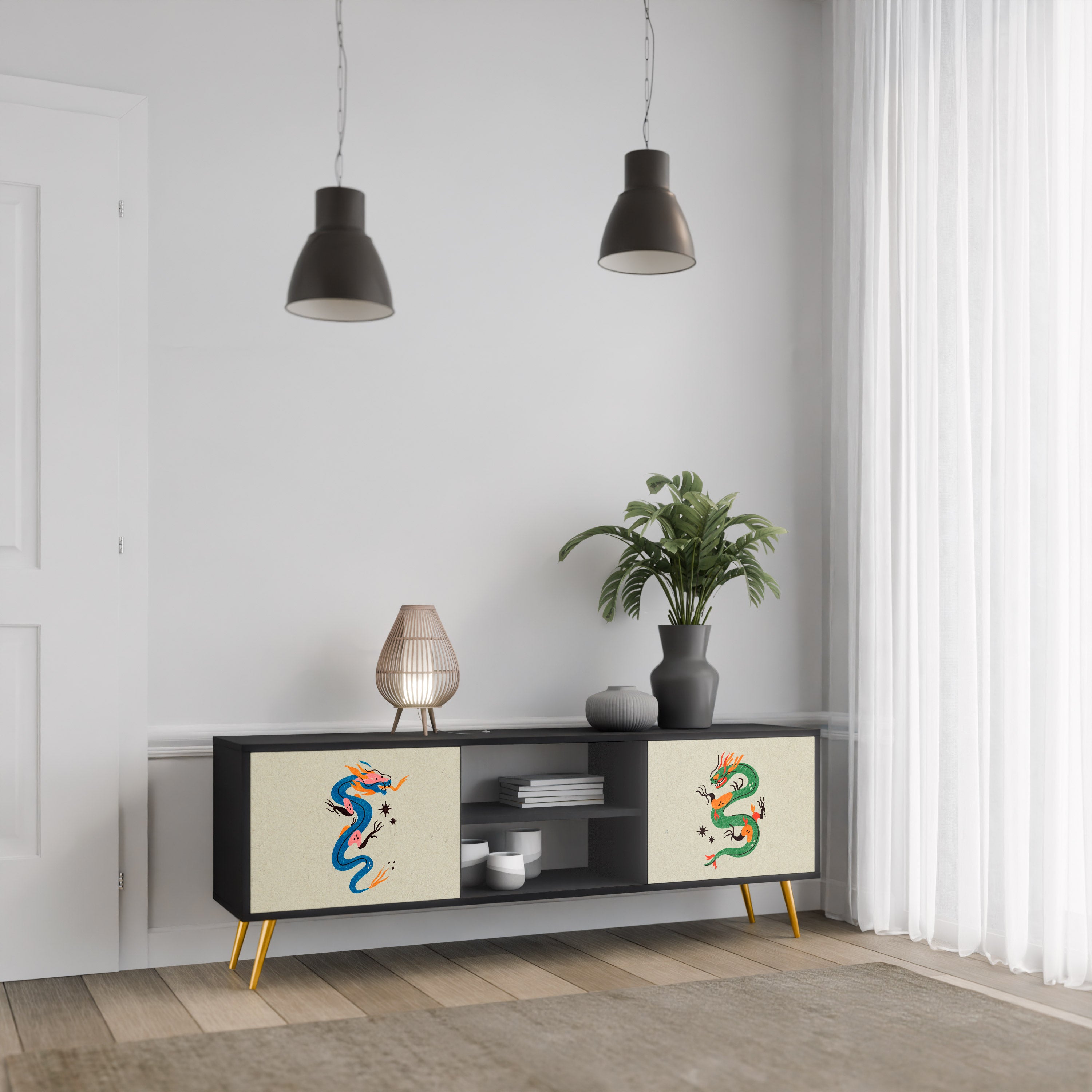 Mueble de TV de 2 puertas con acabado negro CRIATURAS MITOLÓGICAS