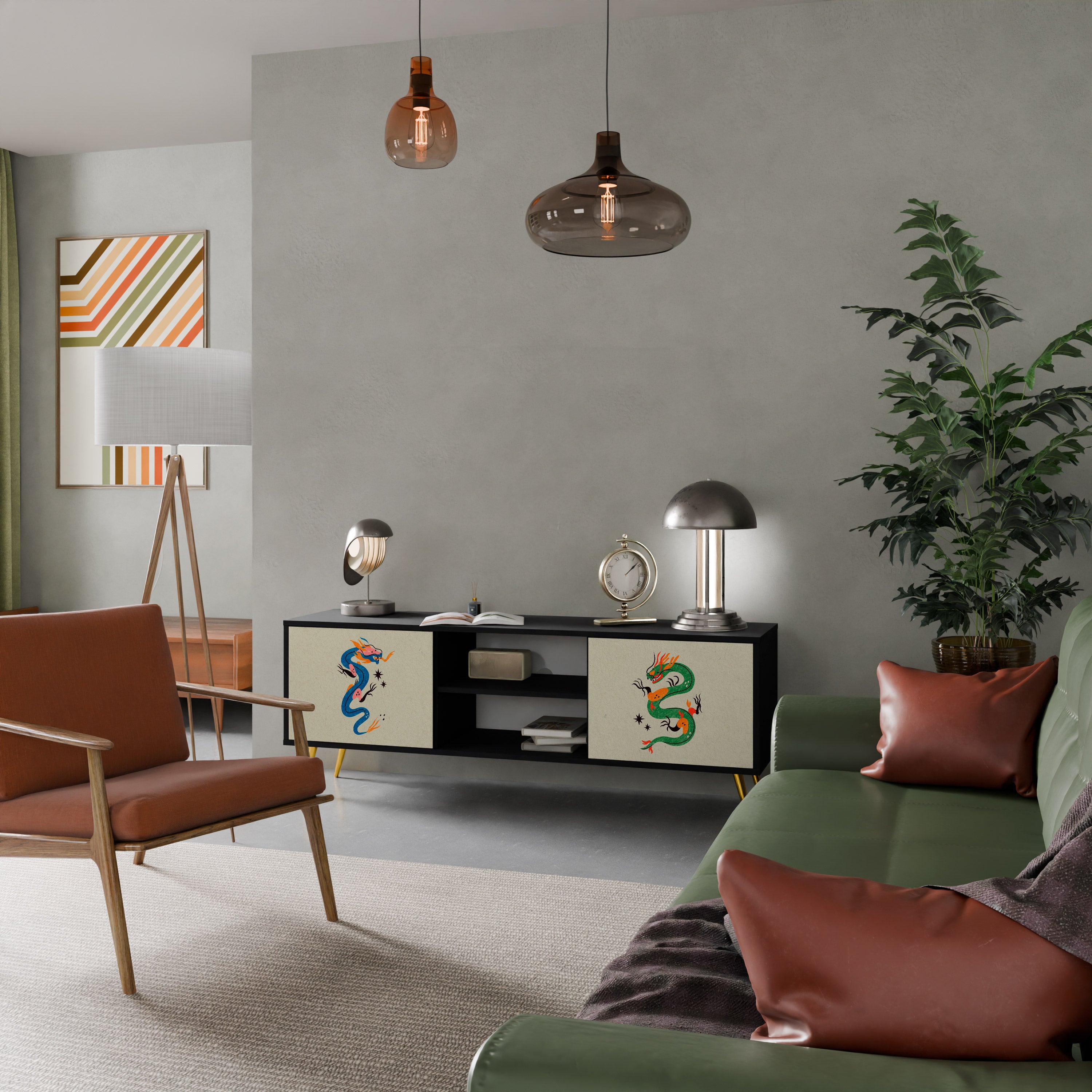 Mueble de TV de 2 puertas con acabado negro CRIATURAS MITOLÓGICAS