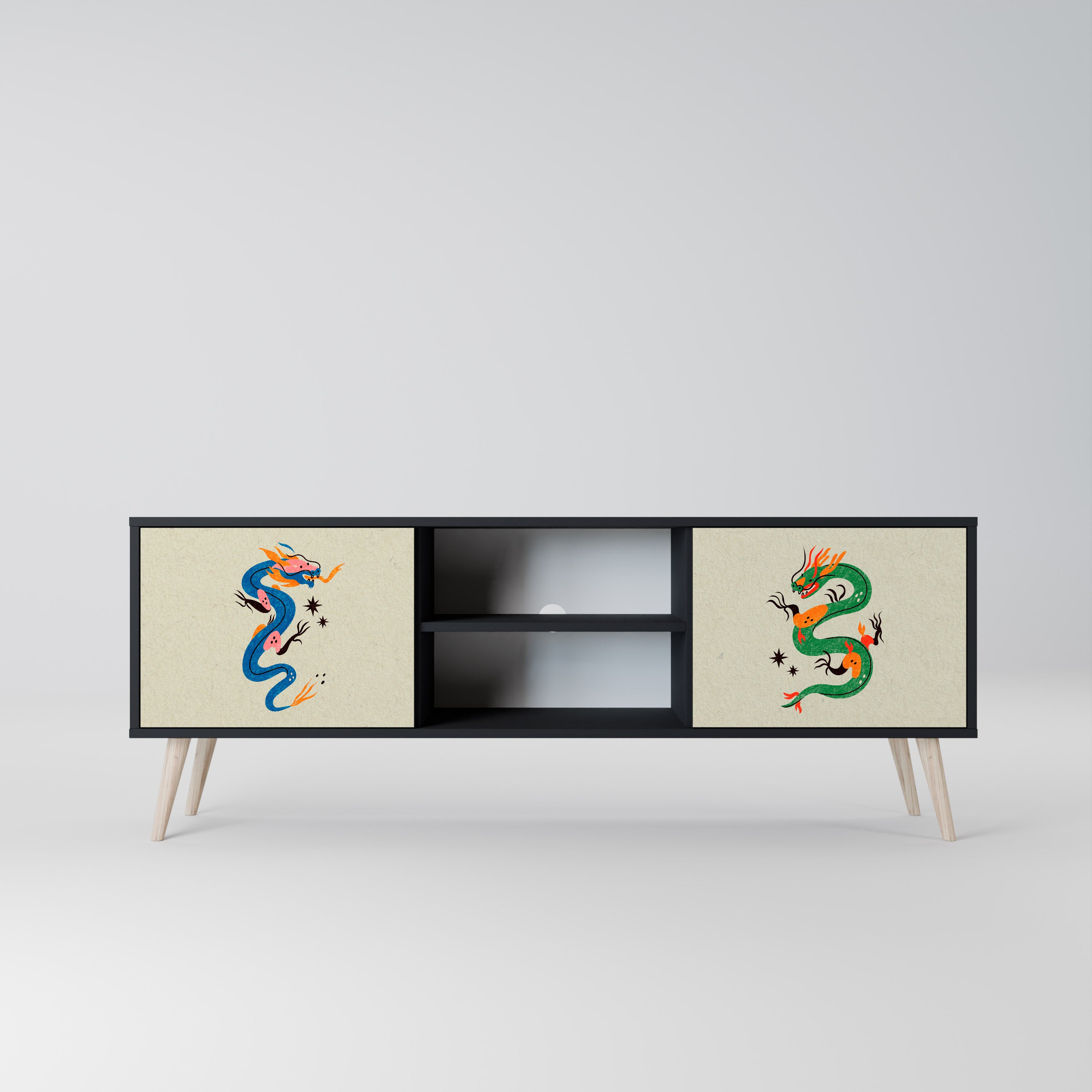 Mueble de TV de 2 puertas con acabado negro CRIATURAS MITOLÓGICAS