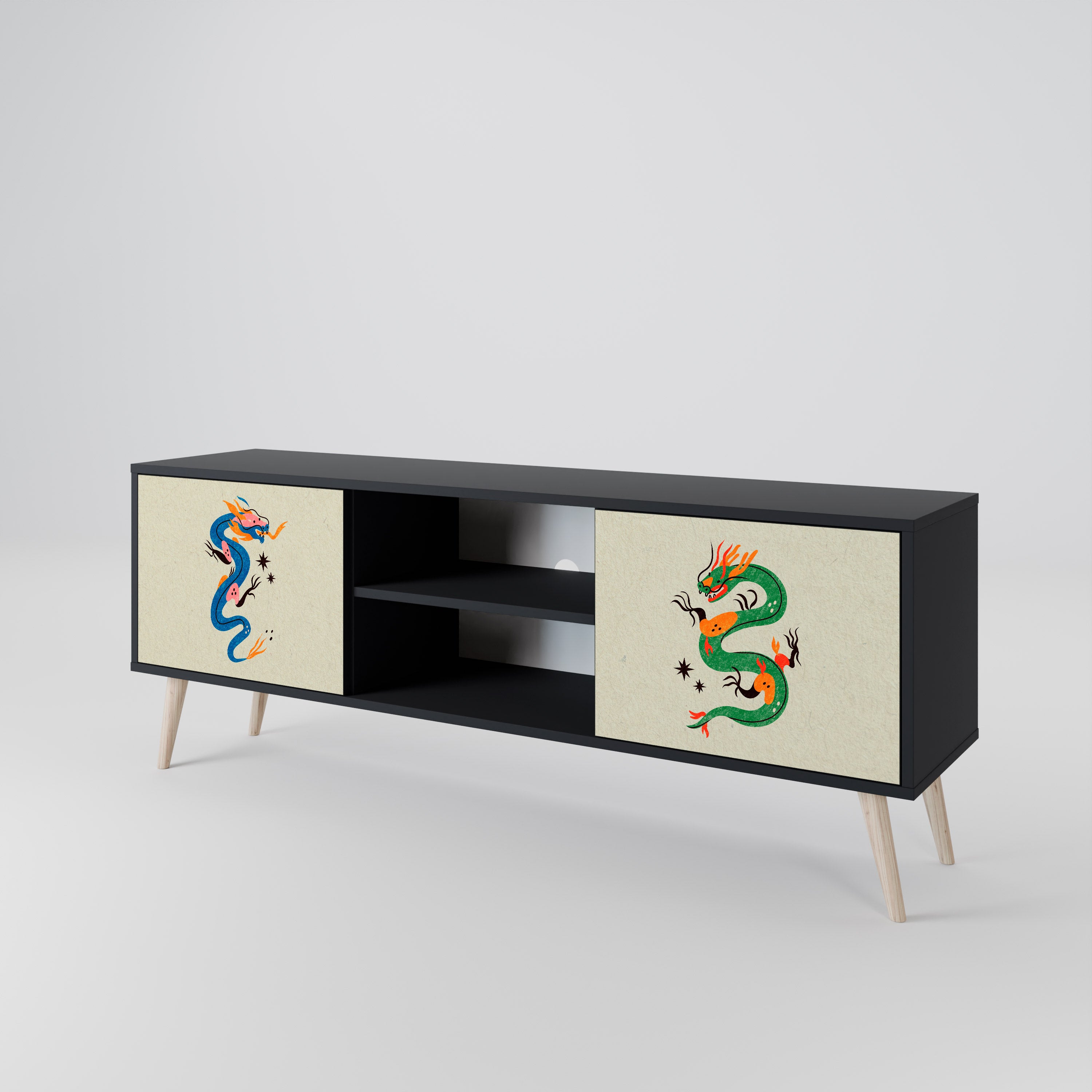Mueble de TV de 2 puertas con acabado negro CRIATURAS MITOLÓGICAS