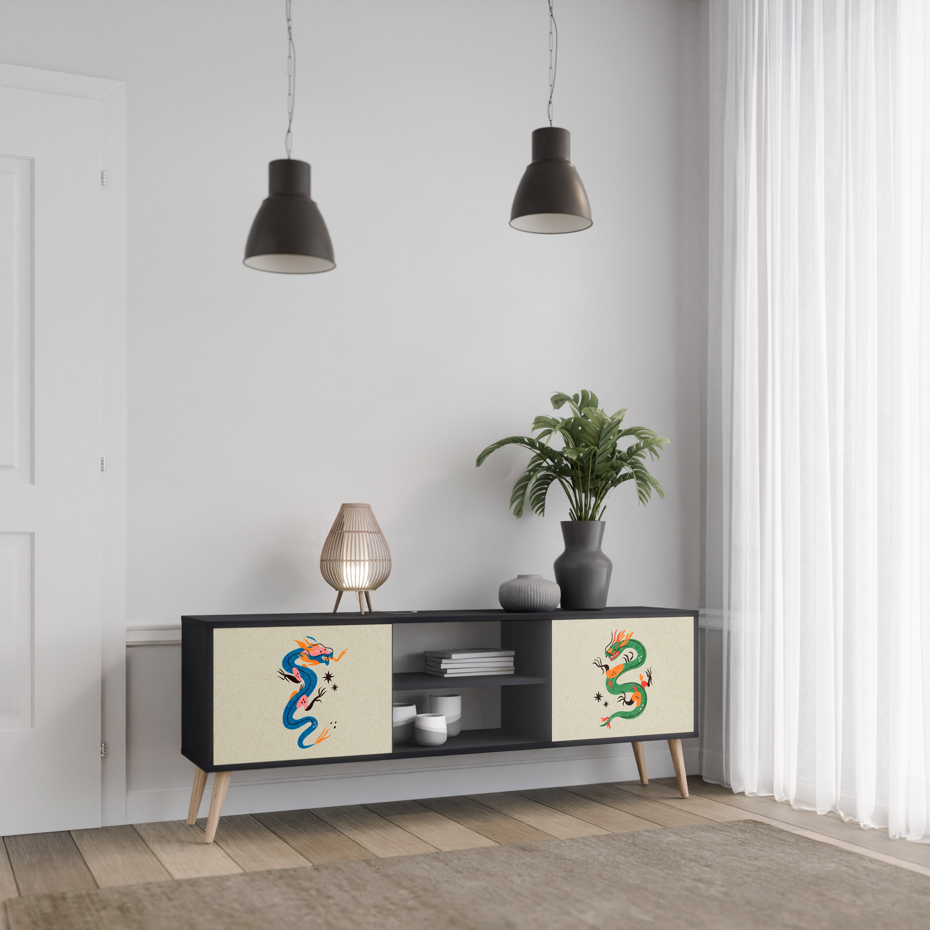 Mueble de TV de 2 puertas con acabado negro CRIATURAS MITOLÓGICAS