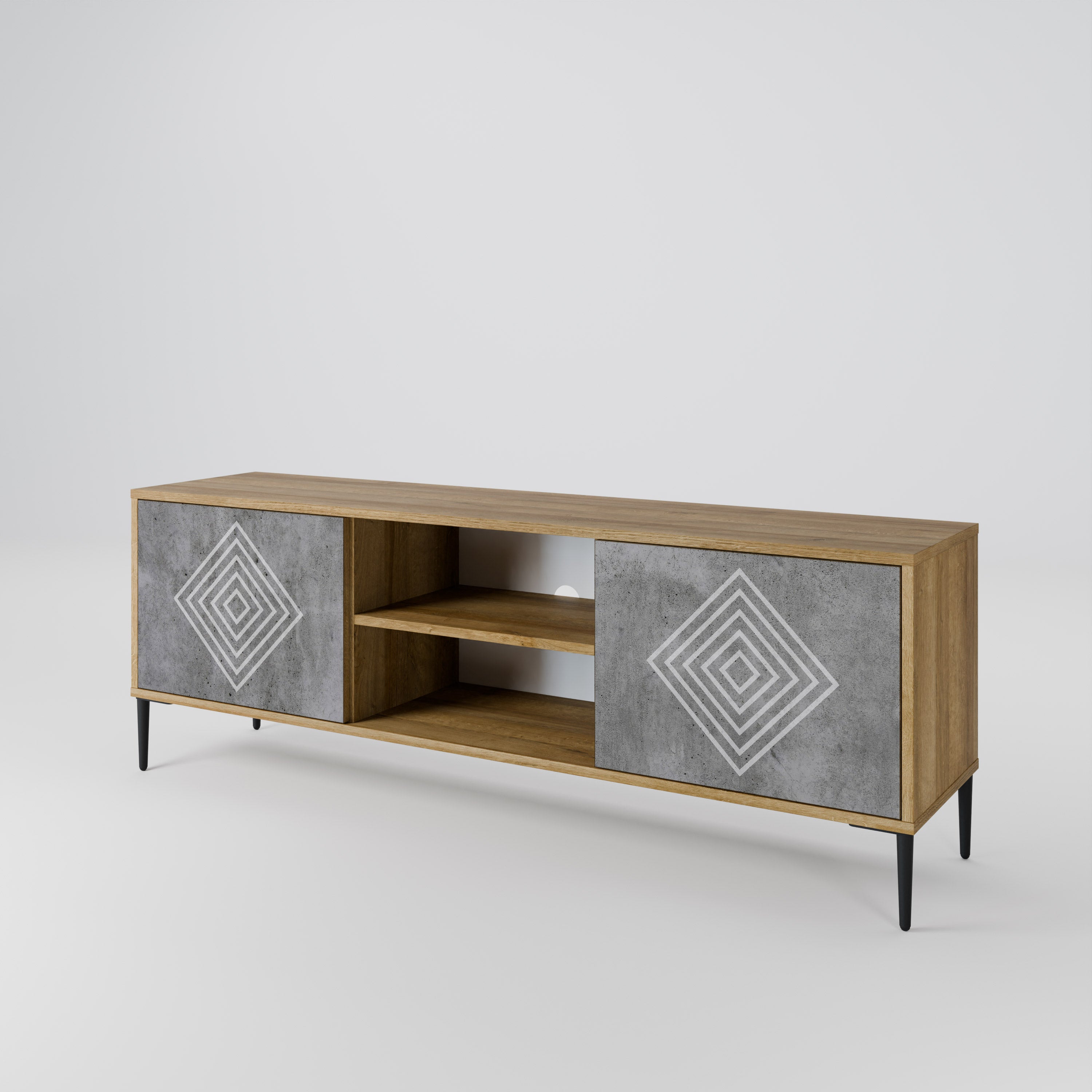 Mueble de TV de 2 puertas POLYGONAL ARTISTRY con efecto roble