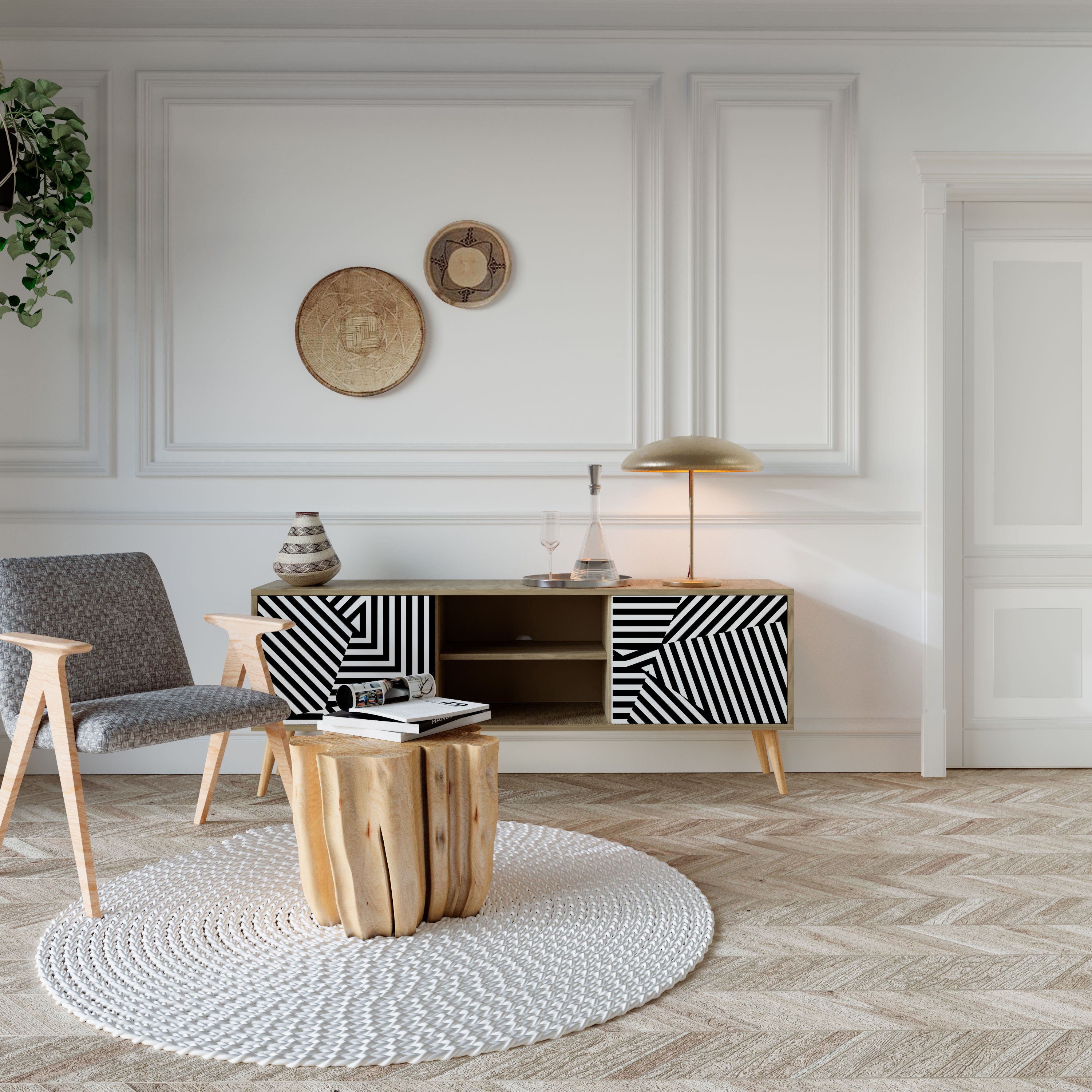 Mueble de TV ILLUSIONARY LATTICE de 2 puertas con efecto roble