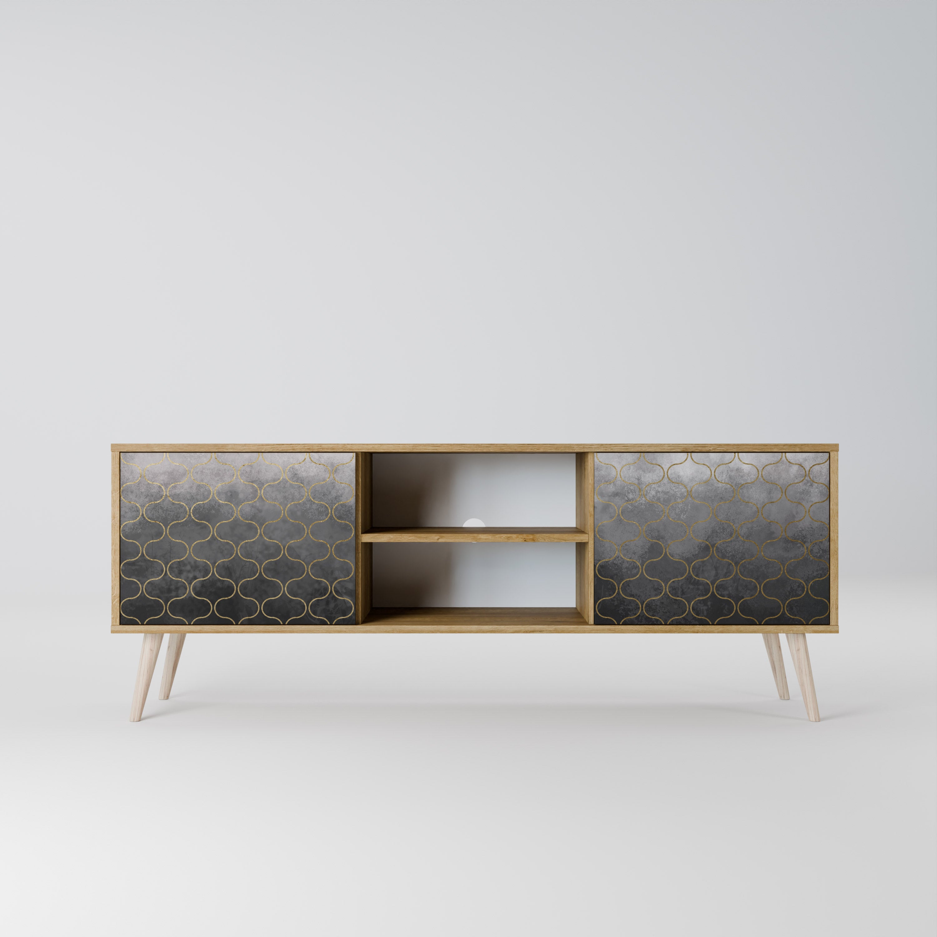 Mueble de TV de 2 puertas en color grisáceo teselado con efecto roble