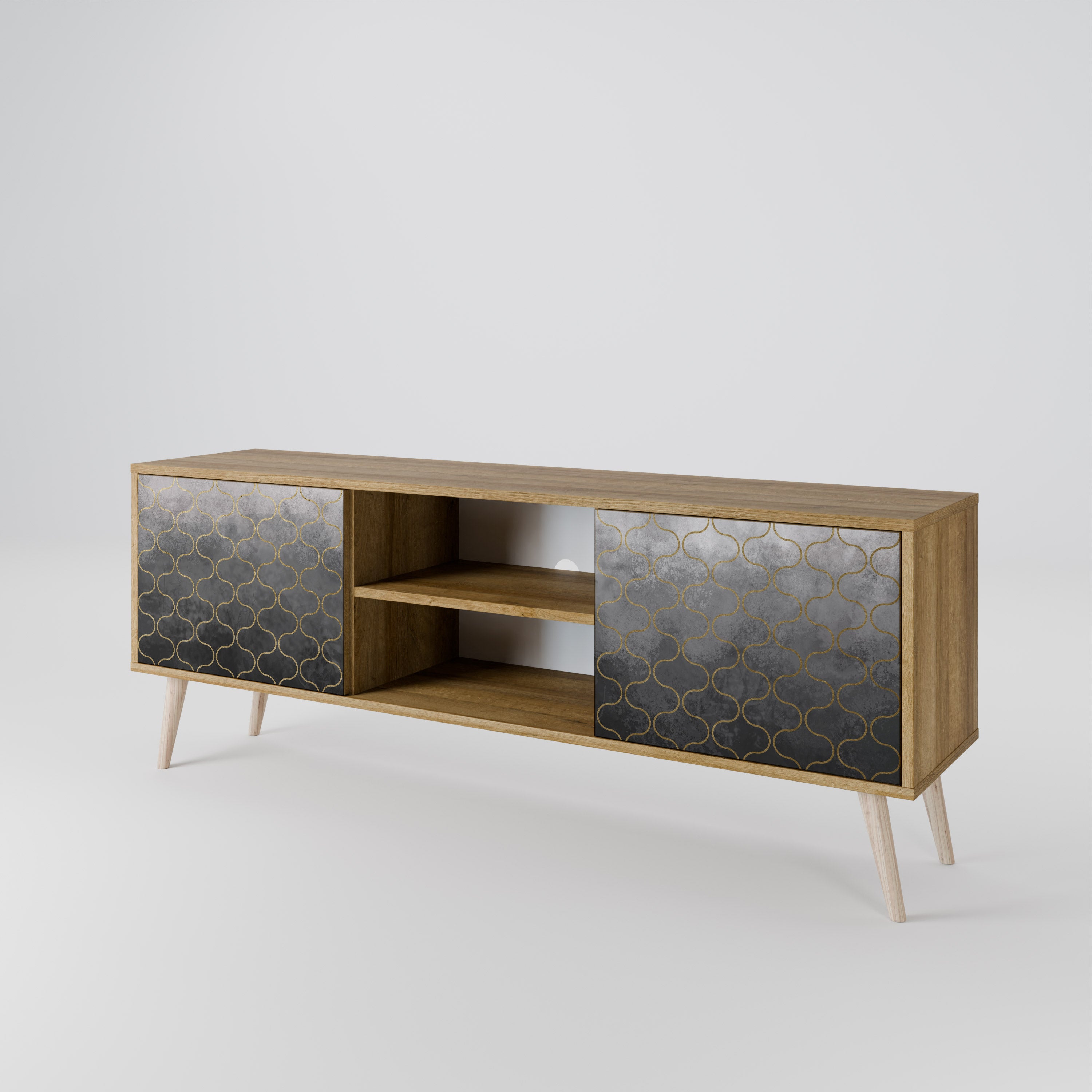 Mueble de TV de 2 puertas en color grisáceo teselado con efecto roble