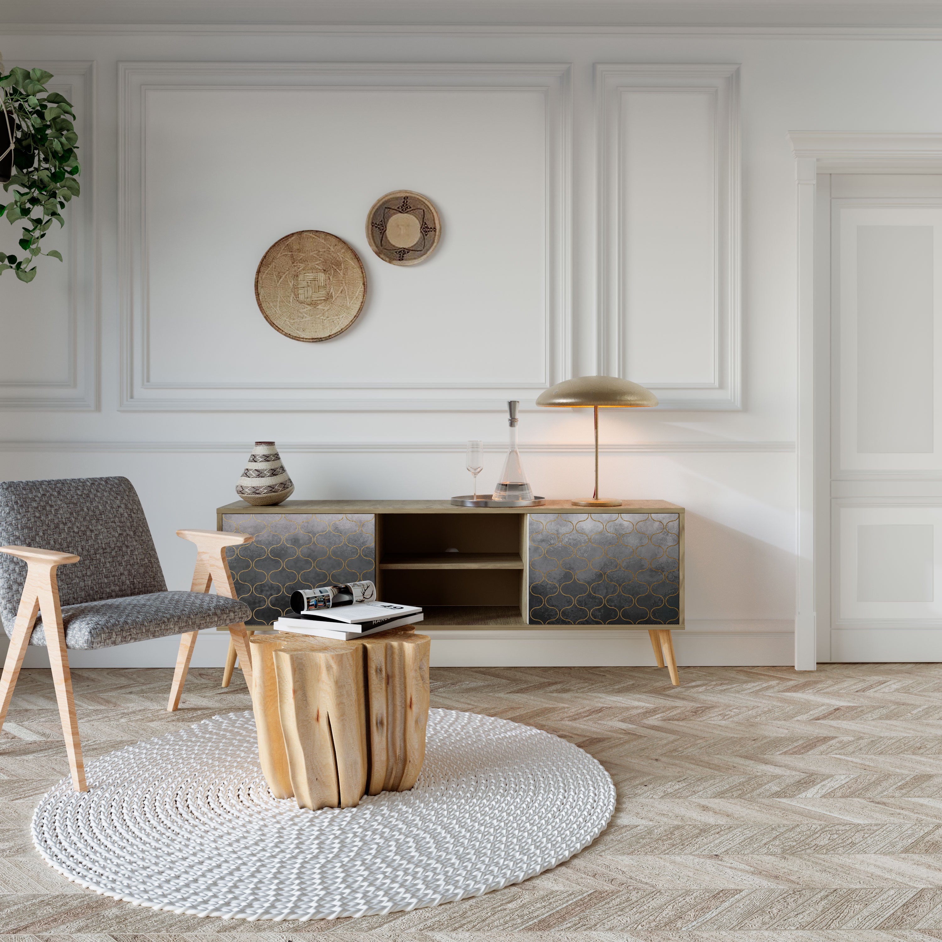 Mueble de TV de 2 puertas en color grisáceo teselado con efecto roble