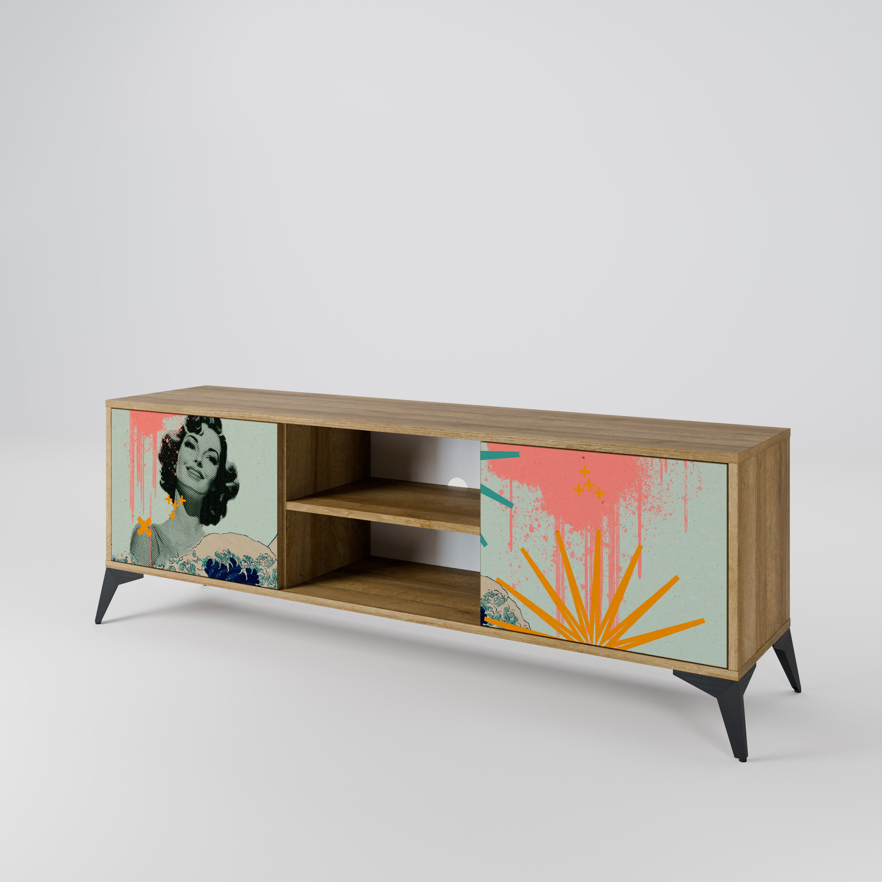 Mueble de TV de 2 puertas KANAGAWA BEAUTY con efecto roble