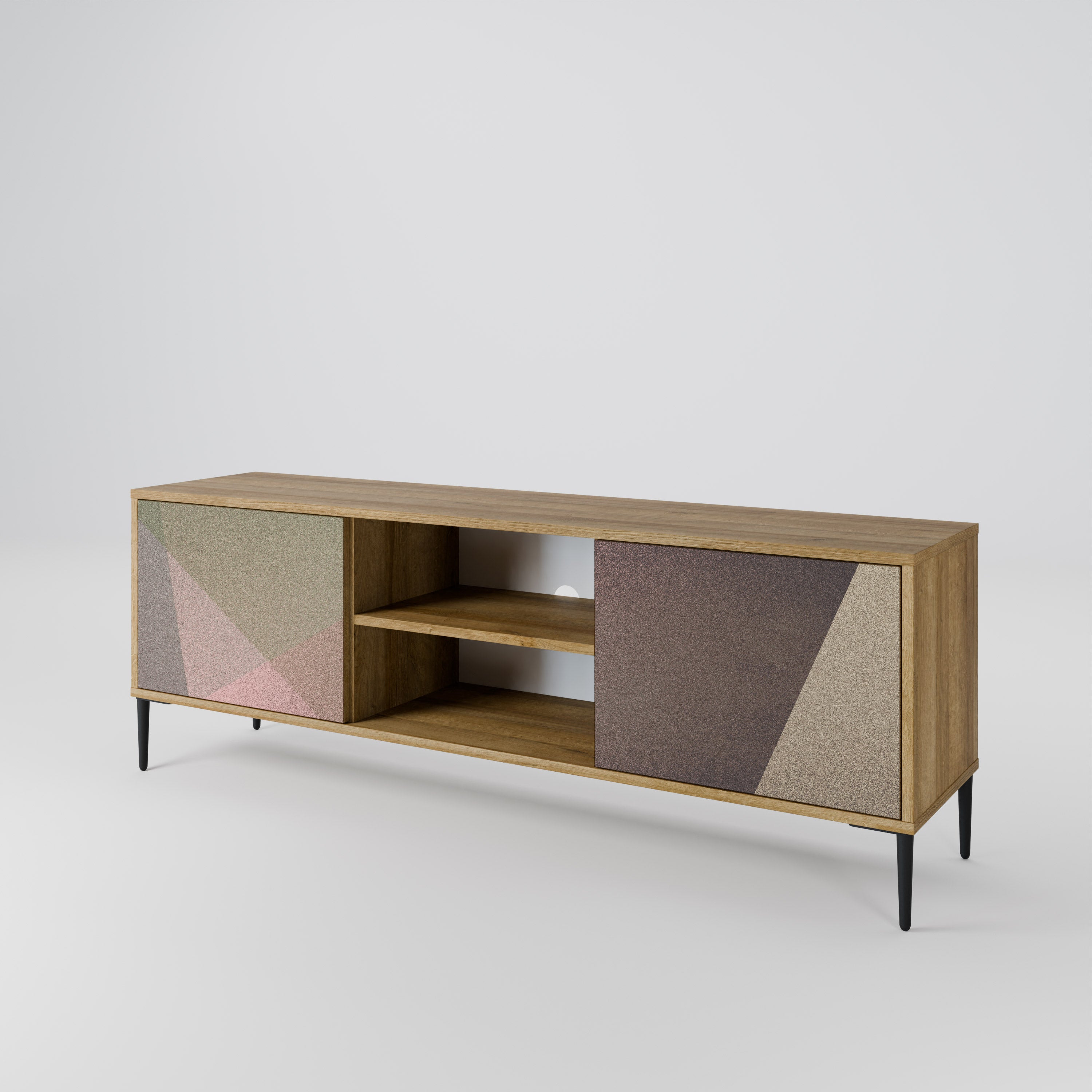 Mueble de TV de 2 puertas BEIGE GEOMETRY con efecto roble