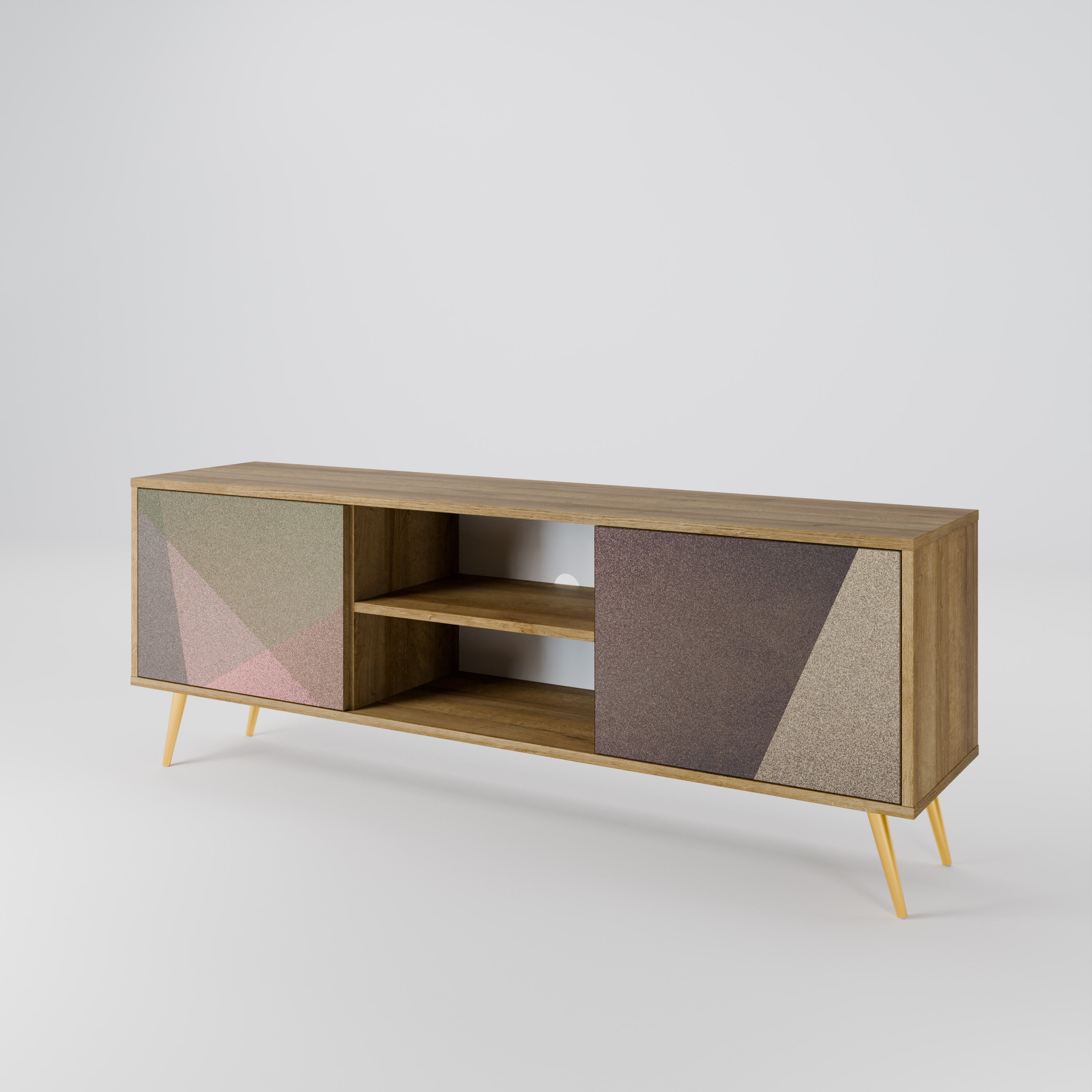 Mueble de TV de 2 puertas BEIGE GEOMETRY con efecto roble