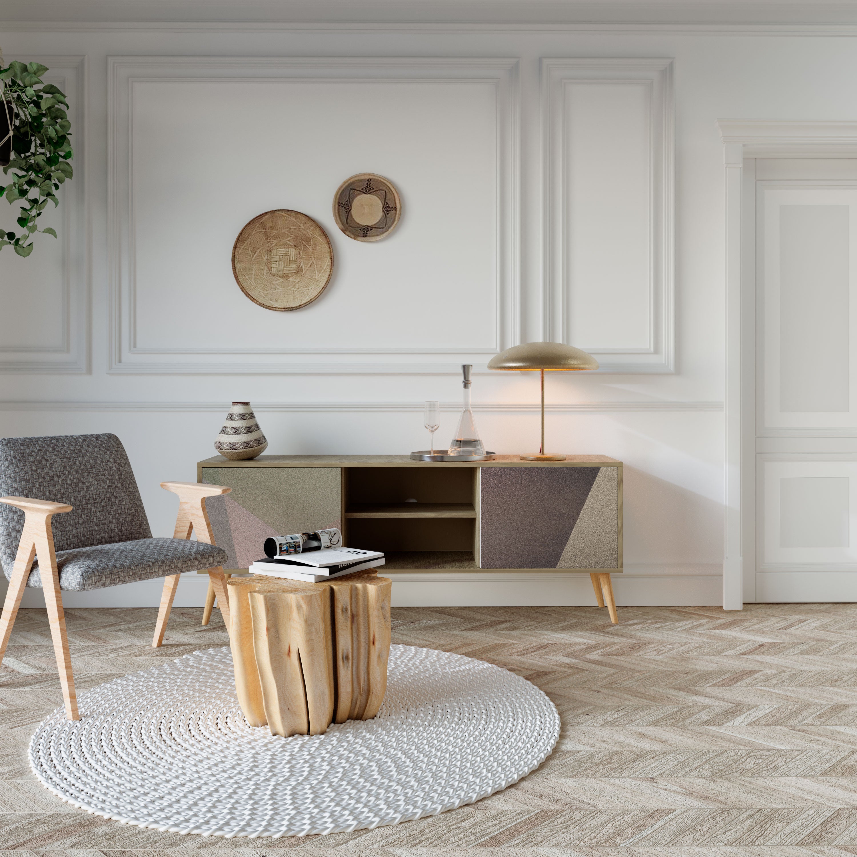 Mueble de TV de 2 puertas BEIGE GEOMETRY con efecto roble