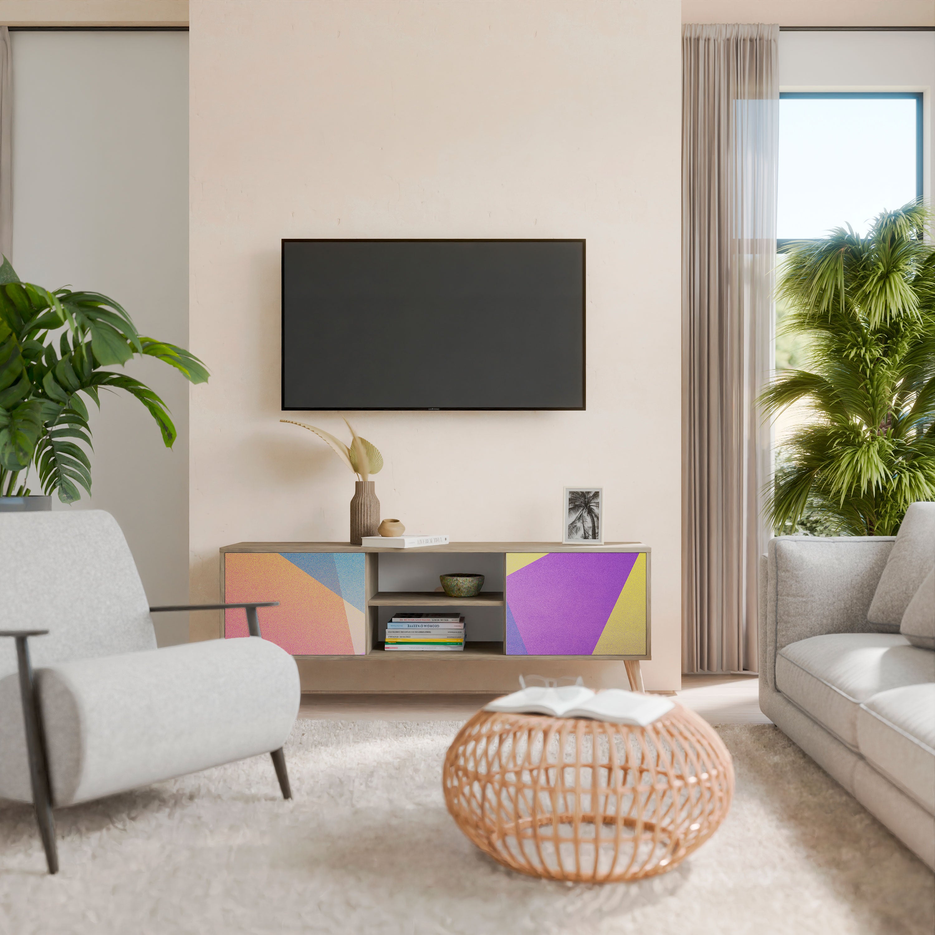 Mueble de TV de 2 puertas BRIGHT GEOMETRY con efecto roble