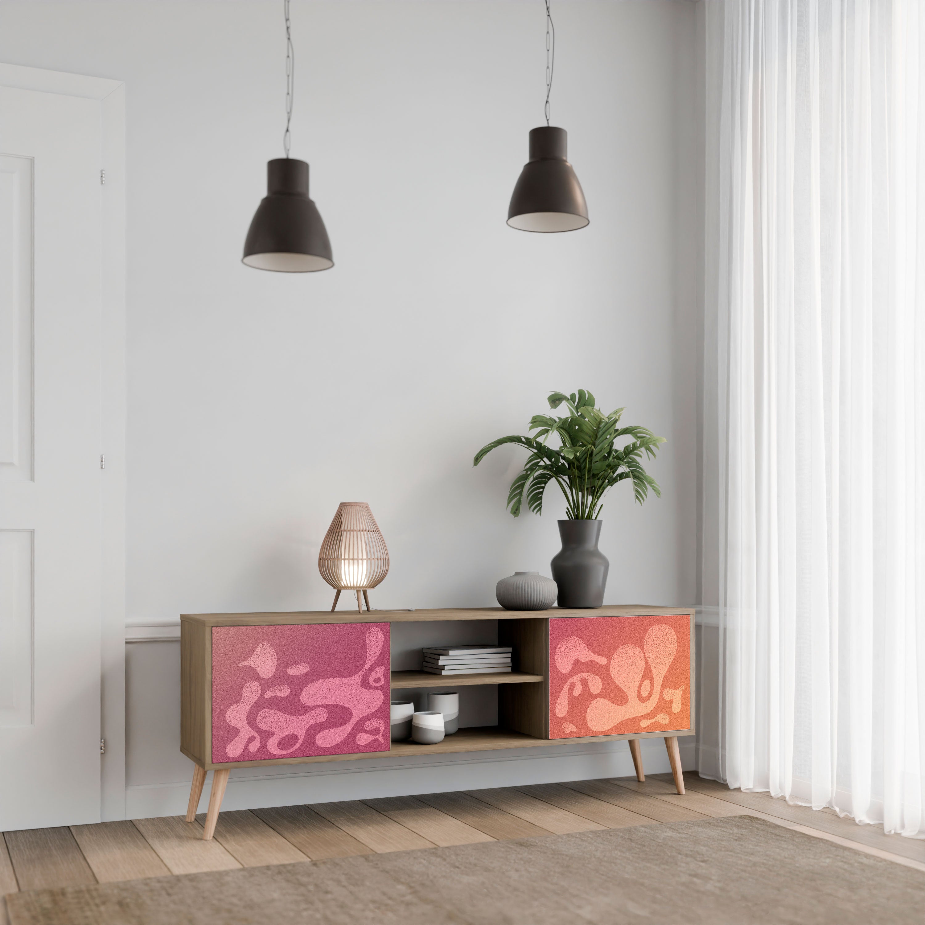 Mueble de TV IRREGULAR PINK de 2 puertas con efecto roble
