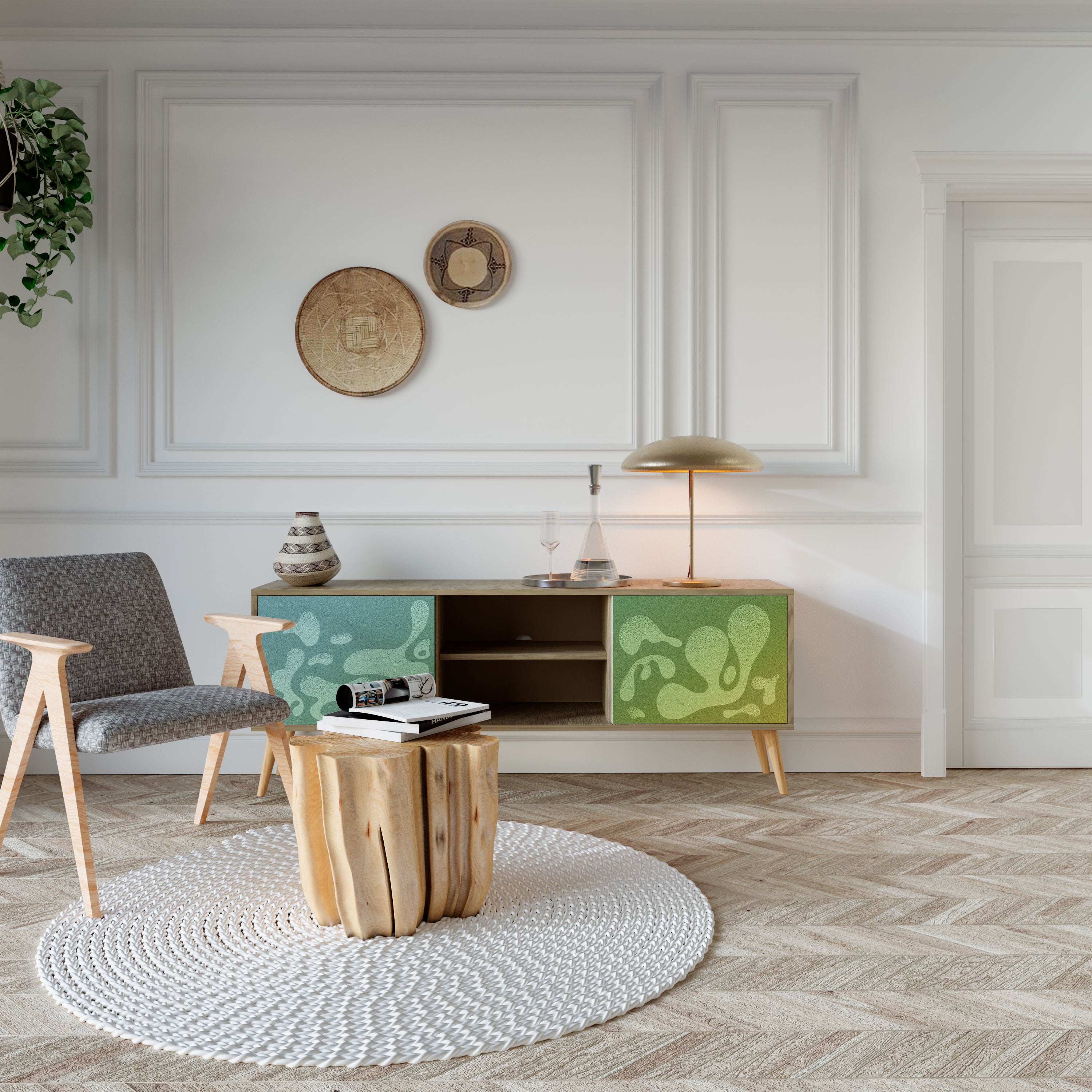 Mueble de TV IRREGULAR BLUE de 2 puertas con efecto roble