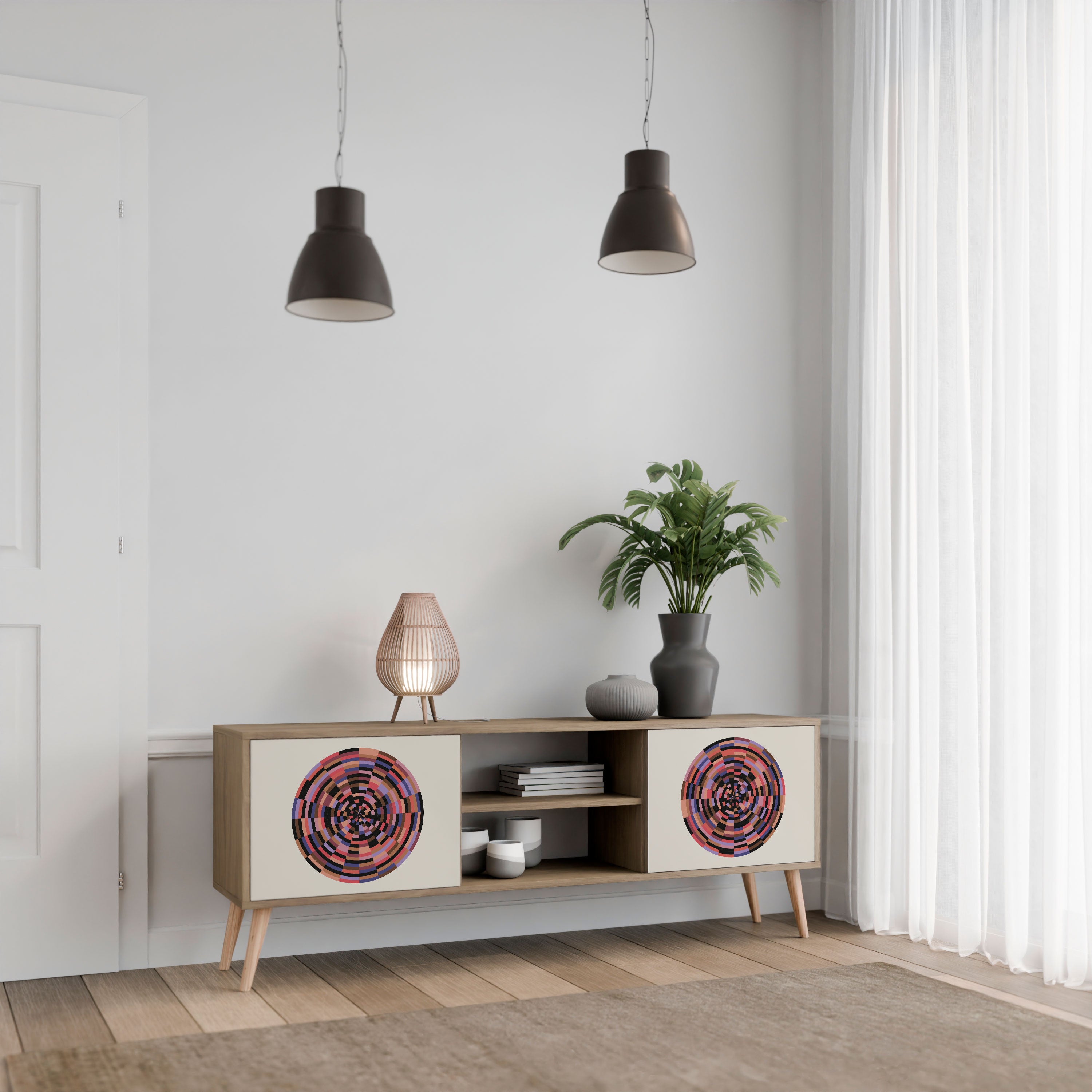 Mueble de TV de 2 puertas BROWN CIRCLES con efecto roble