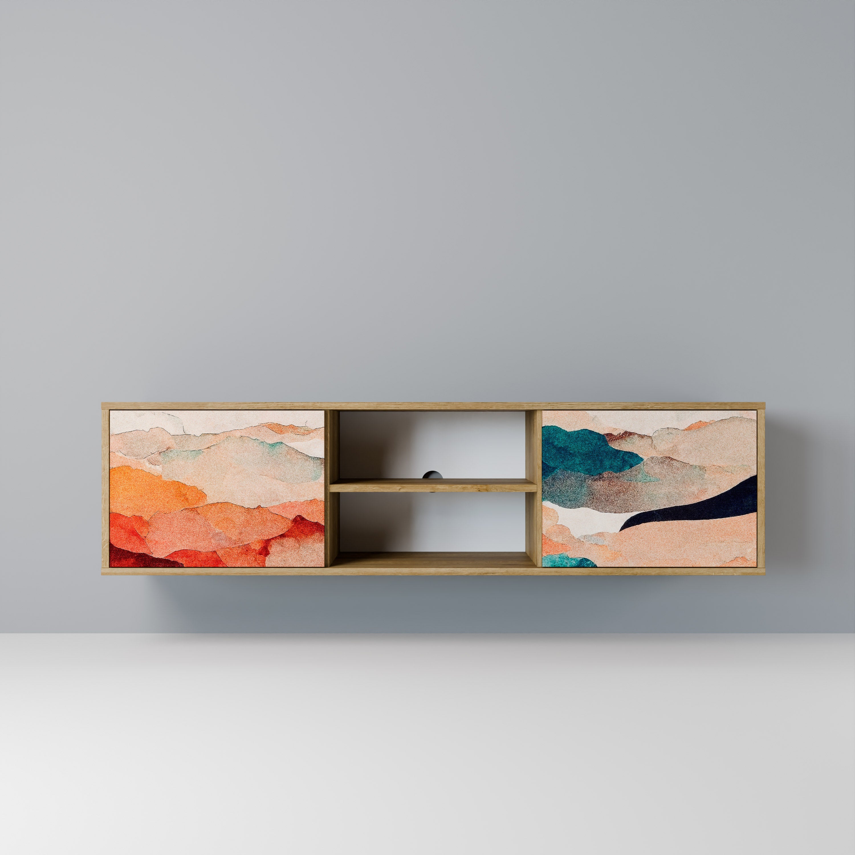 Mueble de TV de 2 puertas PAISAJE ABSTRACTO efecto roble