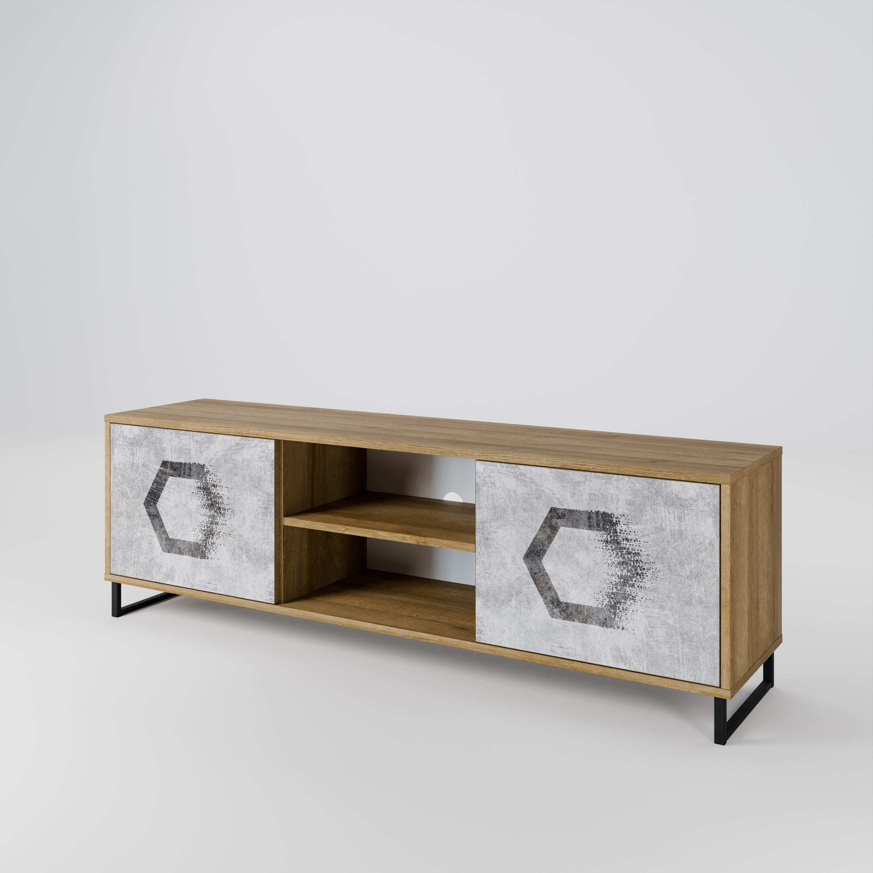 Mueble de TV de 2 puertas FIGURAS HEXAGONALES efecto roble