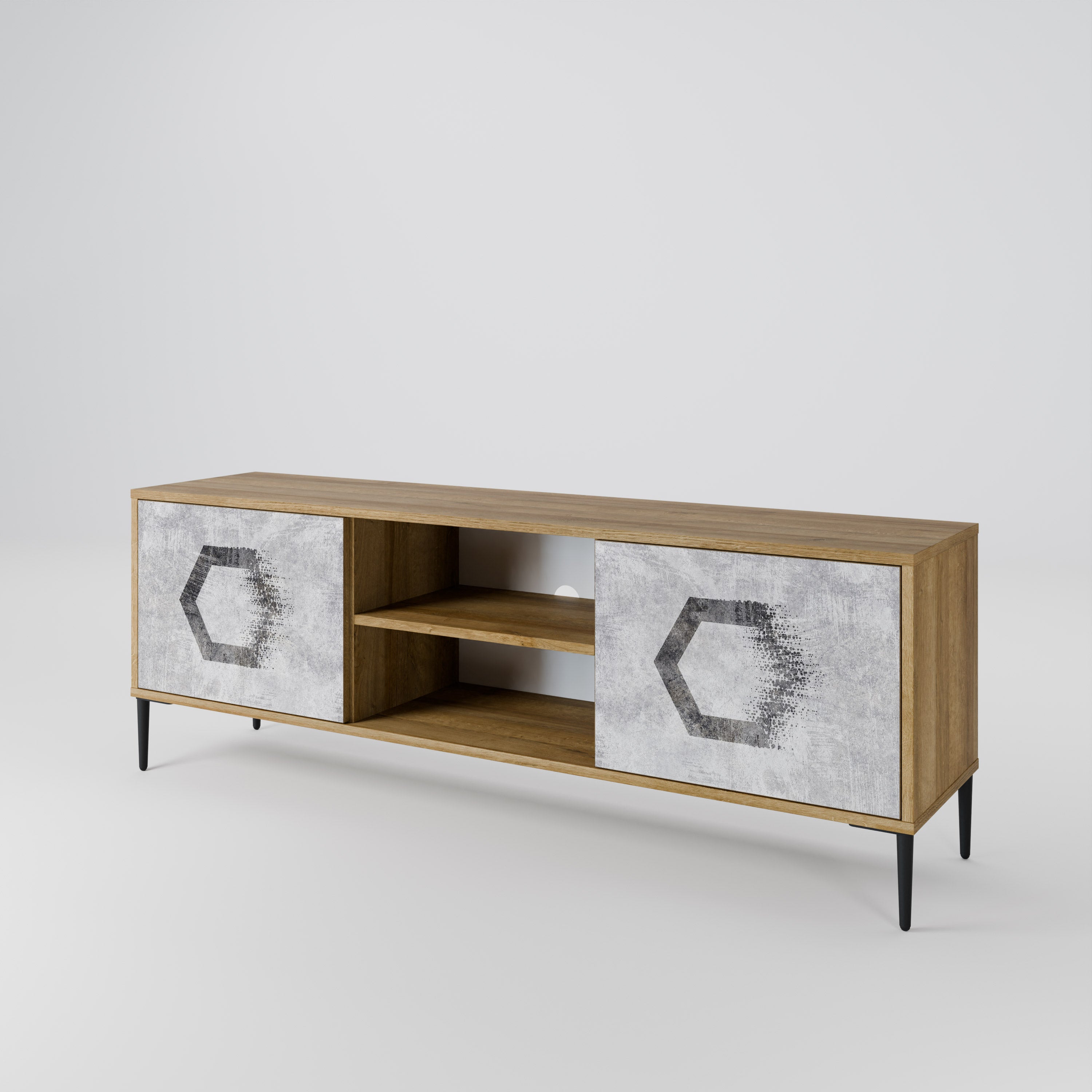 Mueble de TV de 2 puertas FIGURAS HEXAGONALES efecto roble