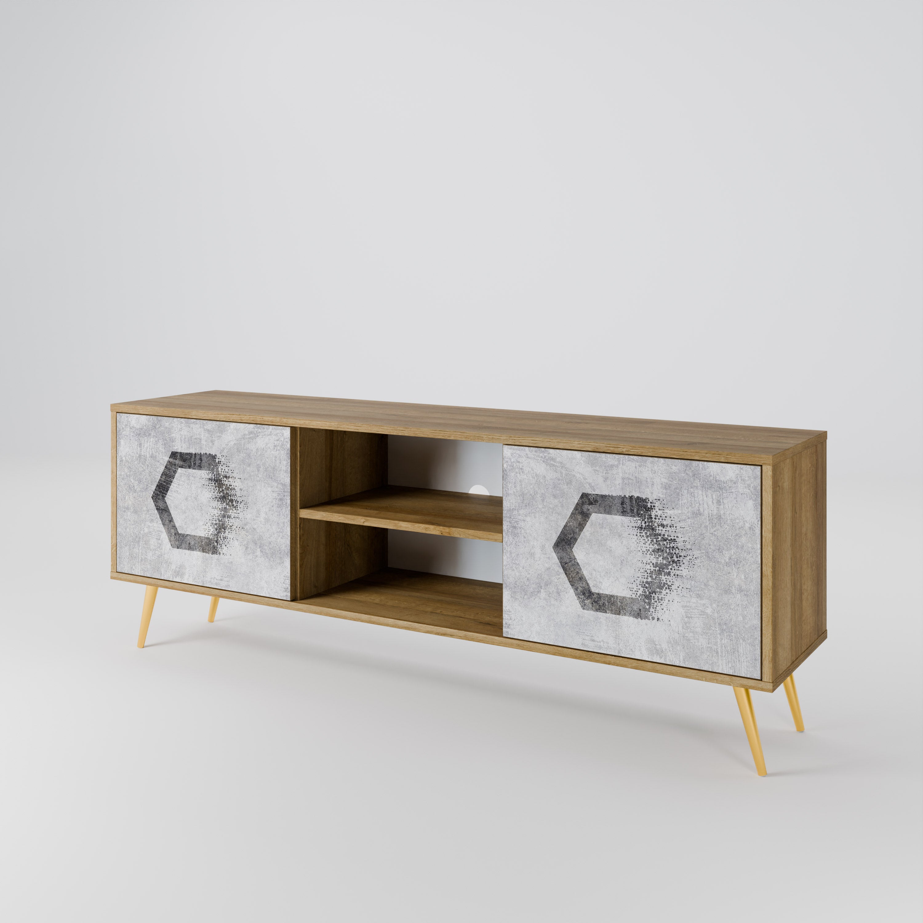 Mueble de TV de 2 puertas FIGURAS HEXAGONALES efecto roble