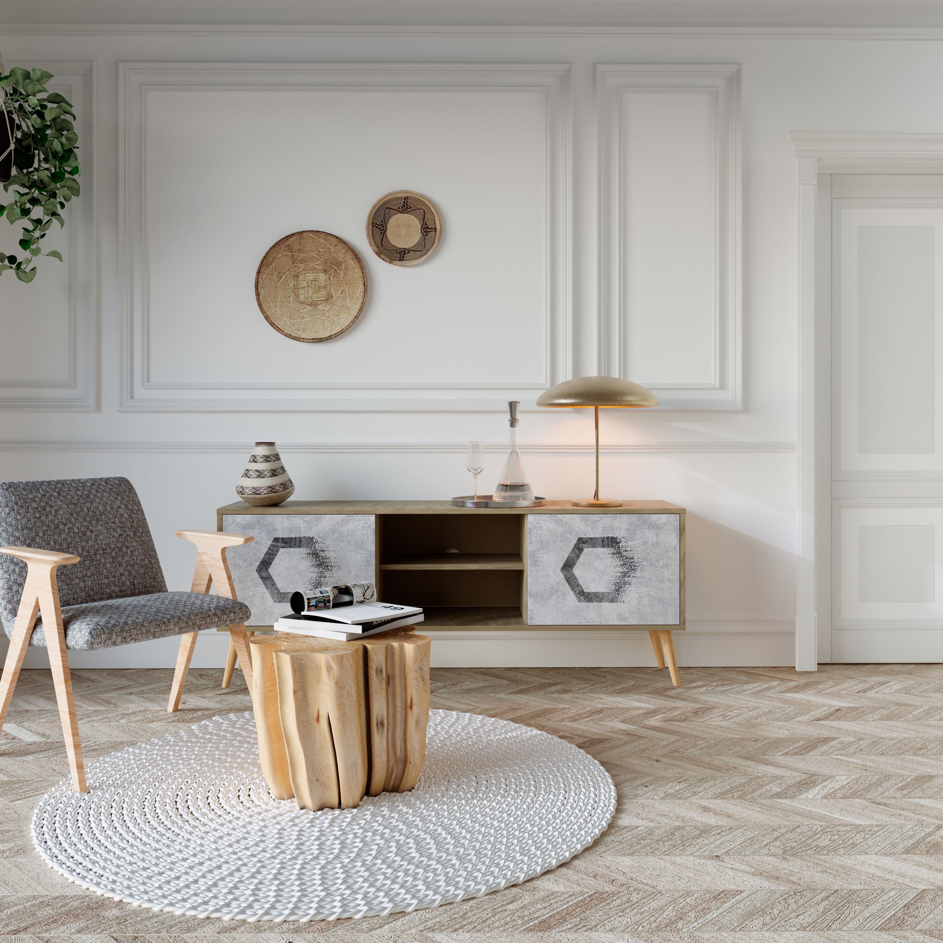 Mueble de TV de 2 puertas FIGURAS HEXAGONALES efecto roble