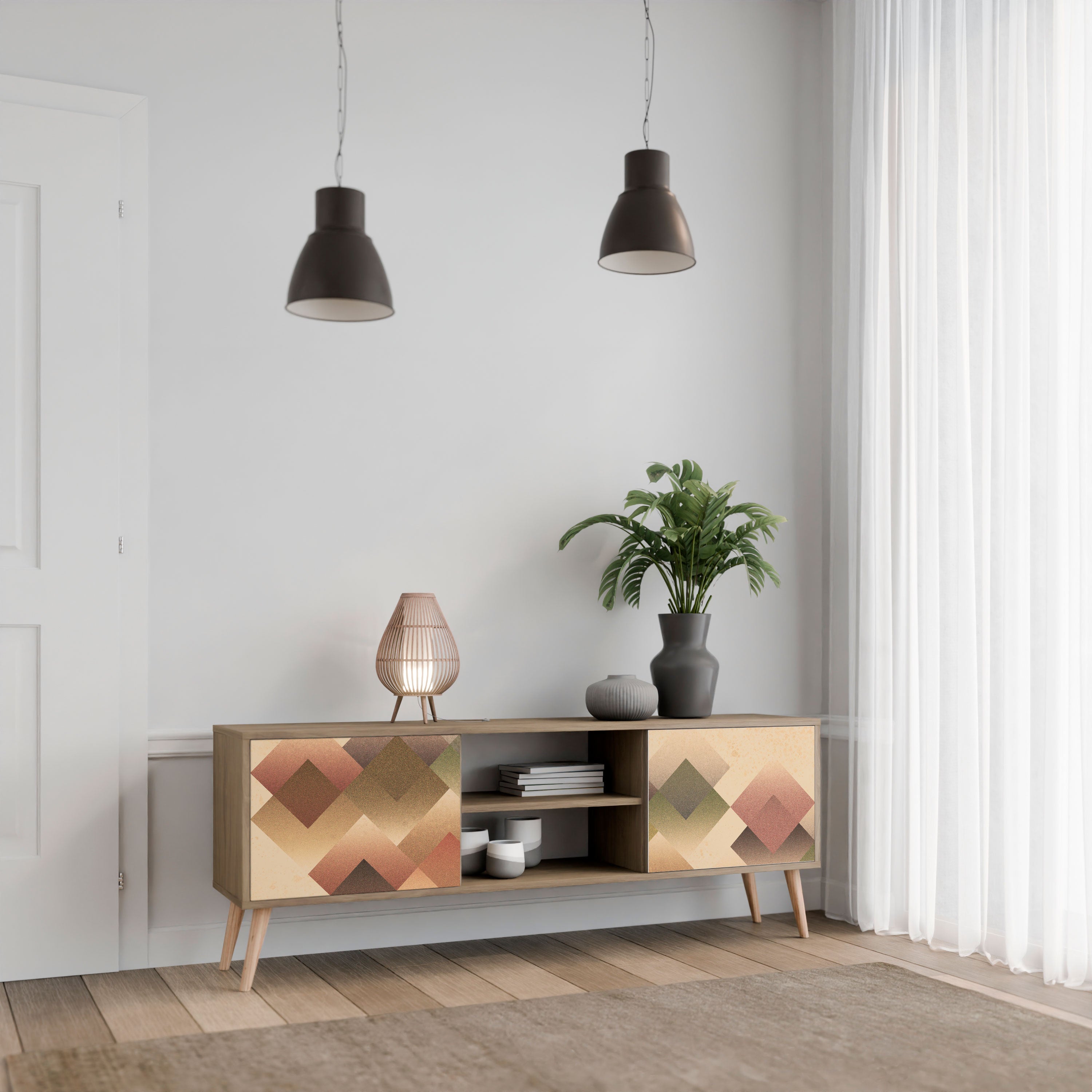 Mueble de TV GEOMETRIC FUSION de 2 puertas con efecto roble