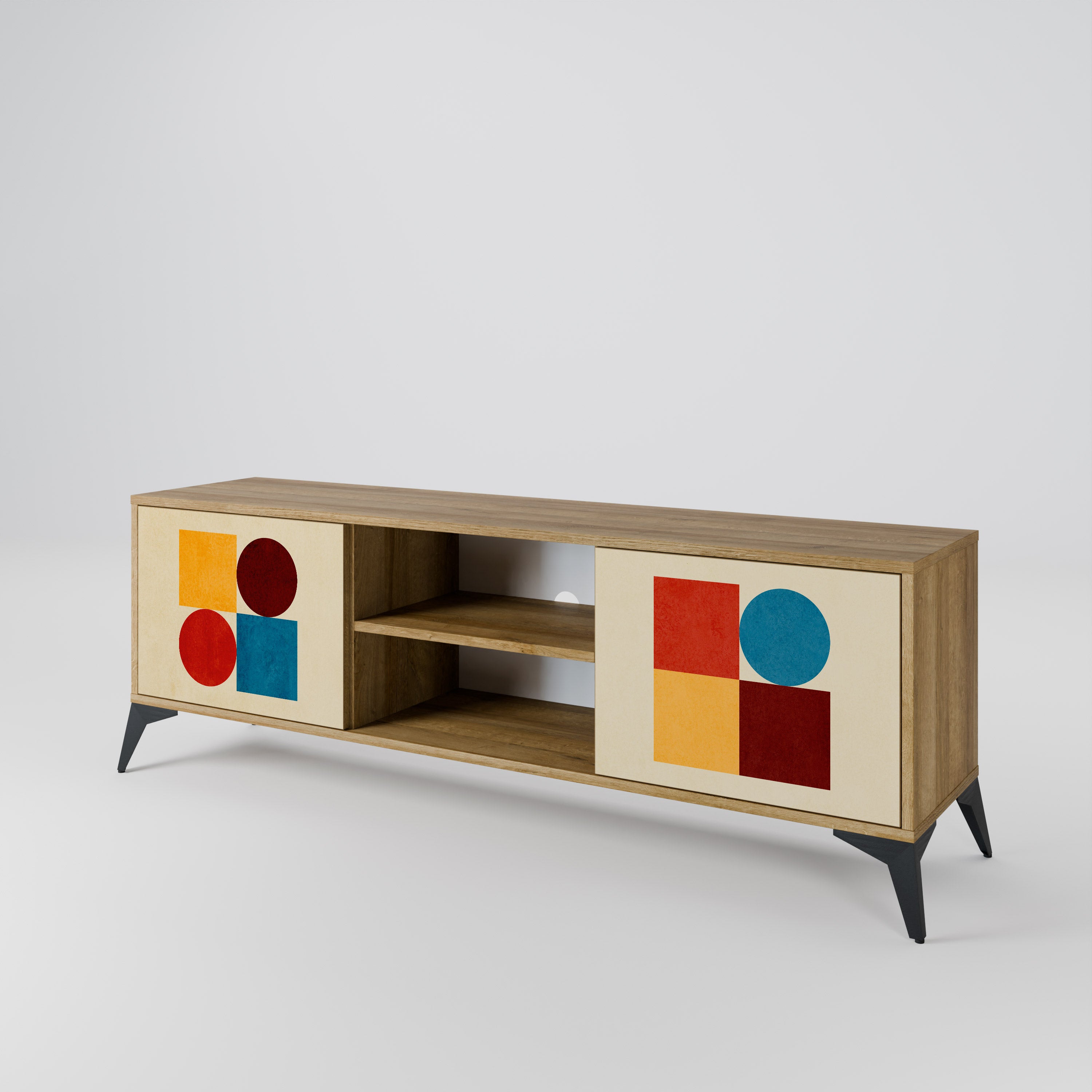 Mueble de TV de 2 puertas GEOMETRIC PUZZLE con efecto roble
