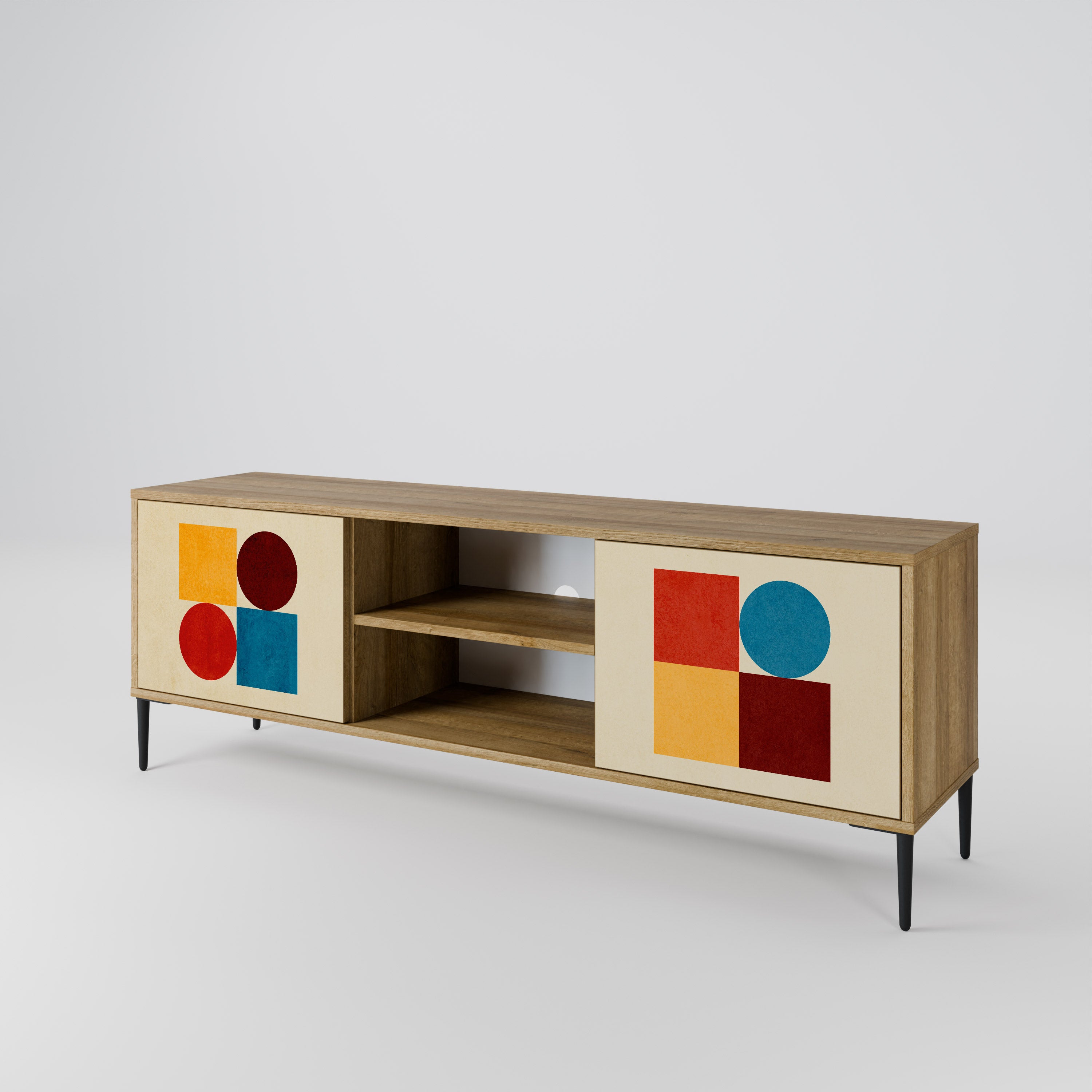 Mueble de TV de 2 puertas GEOMETRIC PUZZLE con efecto roble