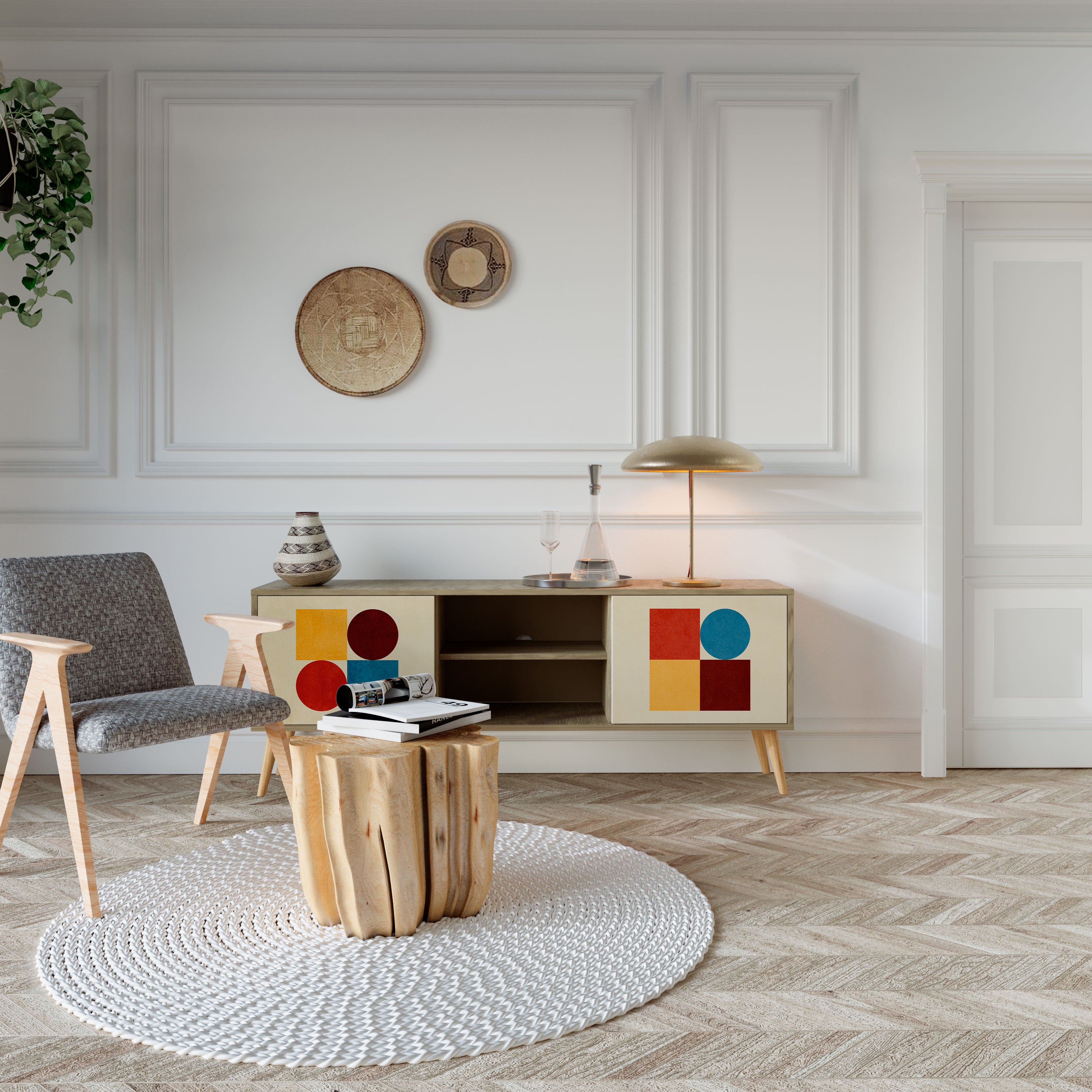 Mueble de TV de 2 puertas GEOMETRIC PUZZLE con efecto roble