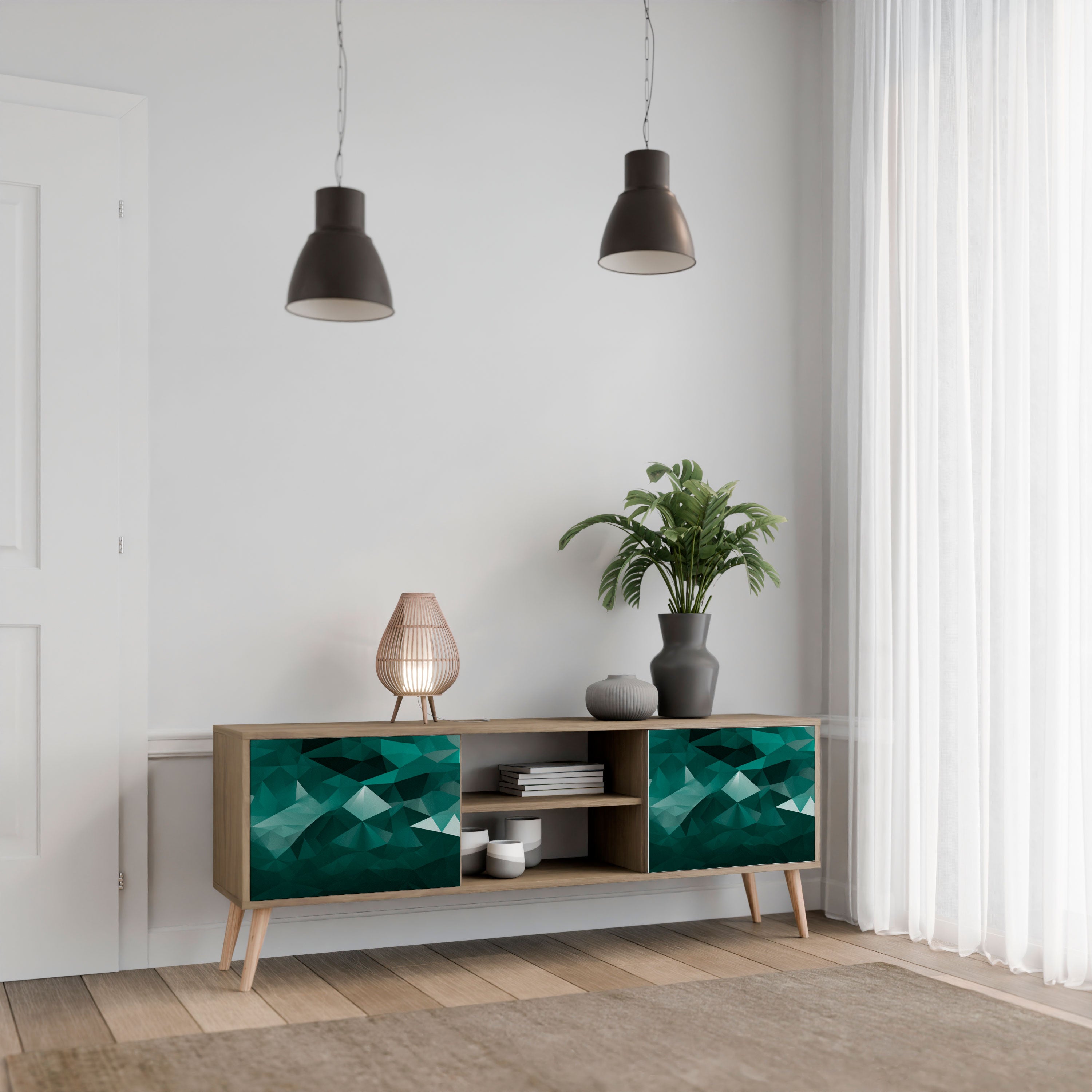 Mueble de TV FLOTANTE POLIGONAL de 2 puertas con efecto roble