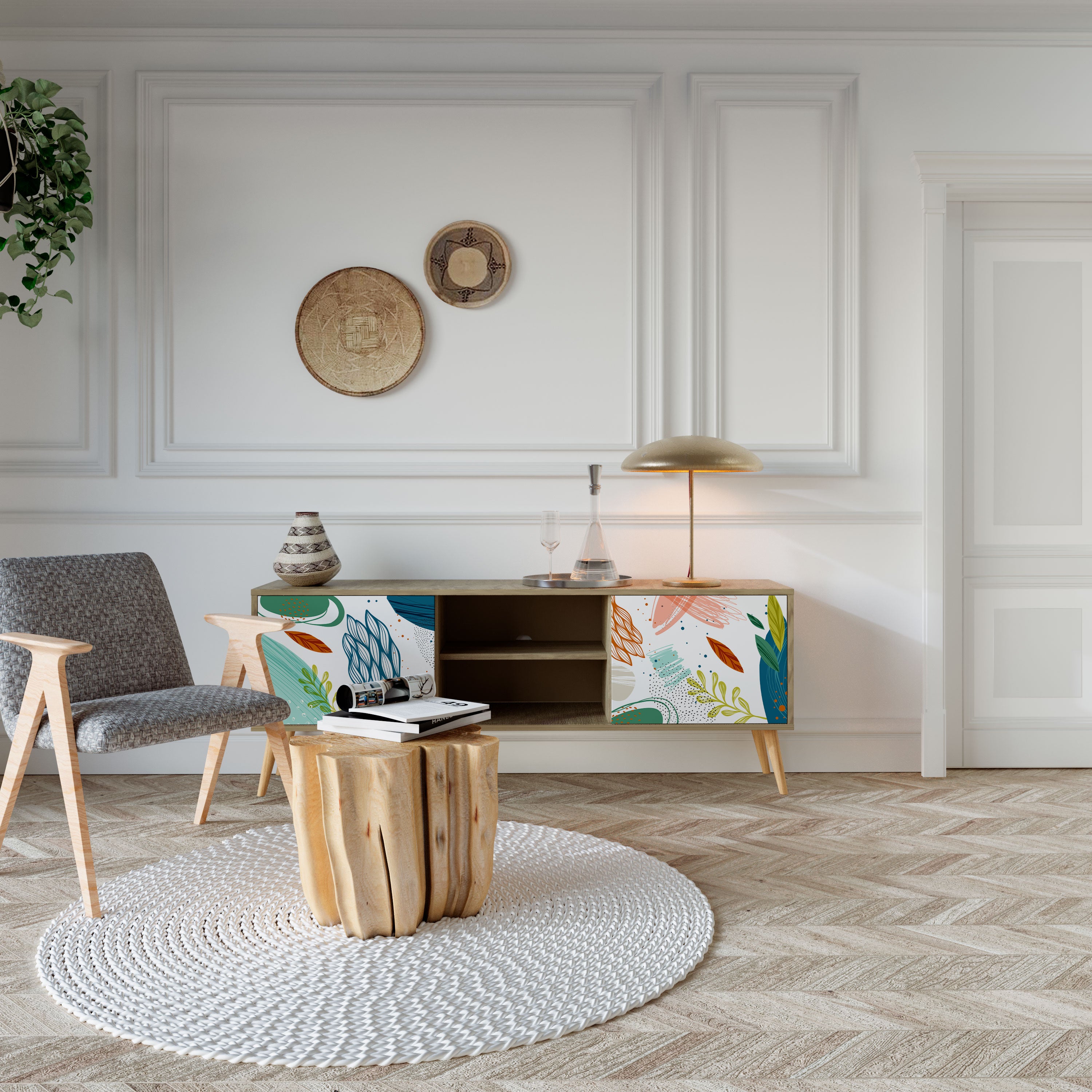 Mueble de TV de 2 puertas BOTANICAL HURRICANE con efecto roble