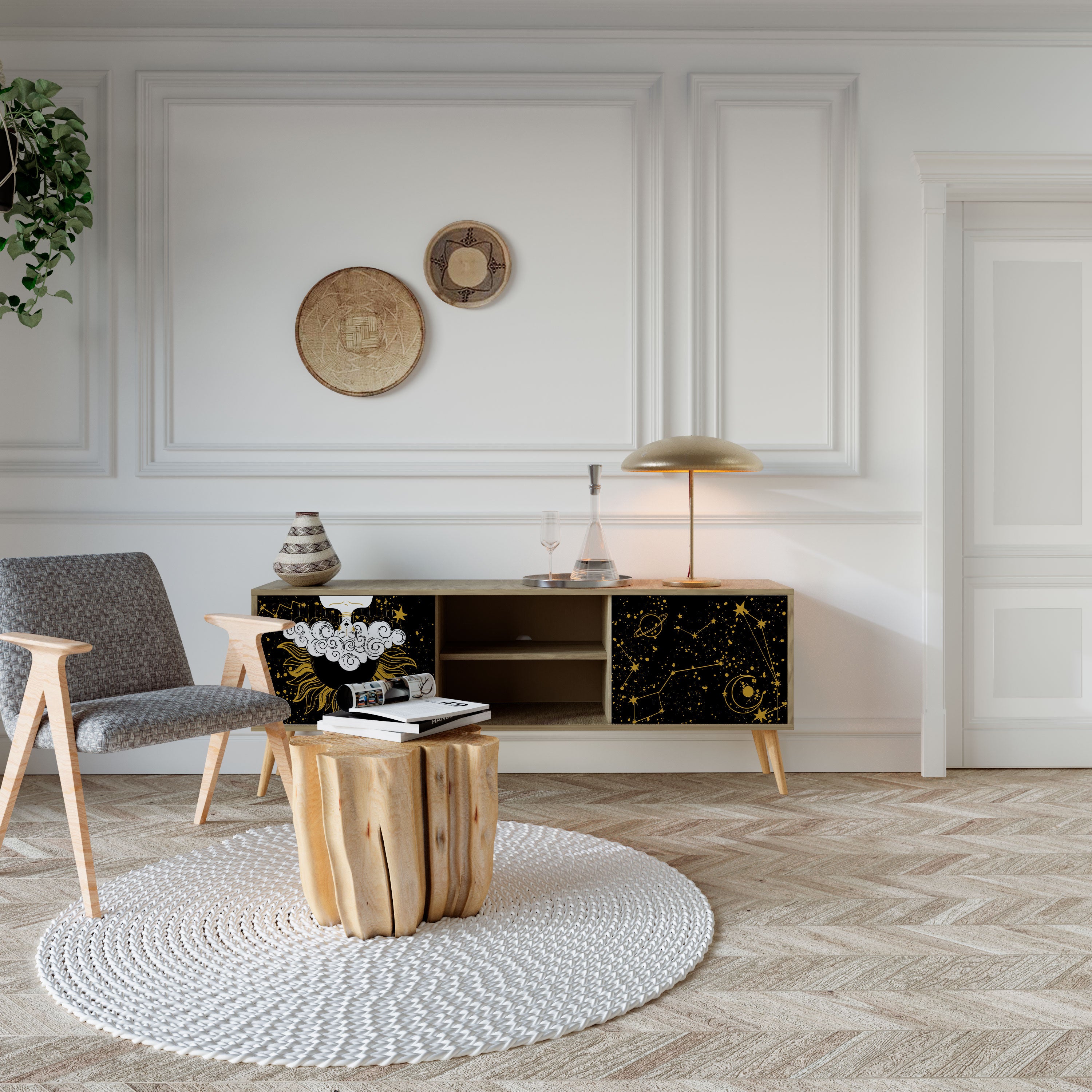 Mueble de TV STELLAR CONSTELLATIONS de 2 puertas con efecto roble