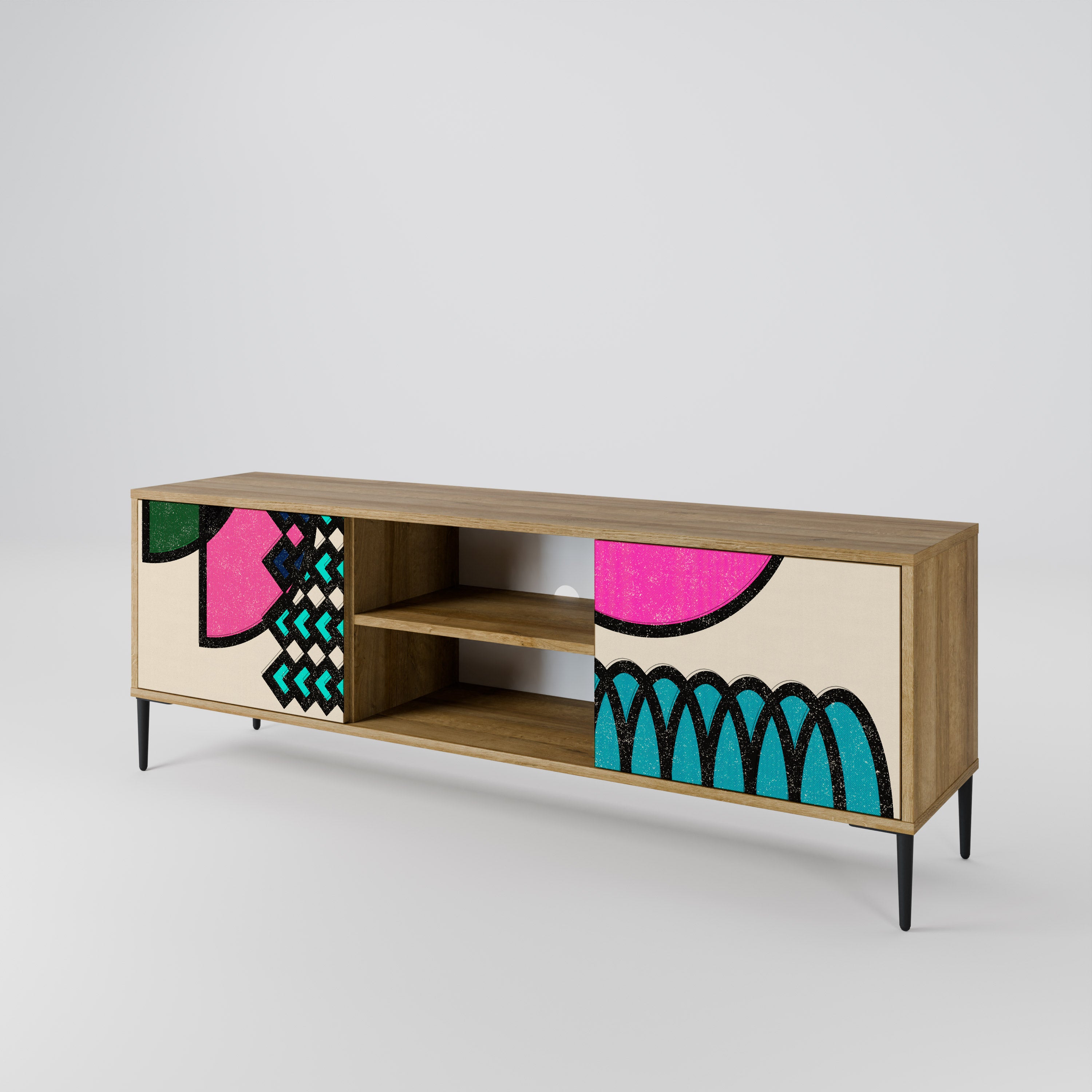 Mueble de TV GEOMETRIC RHAPSODY de 2 puertas con efecto roble
