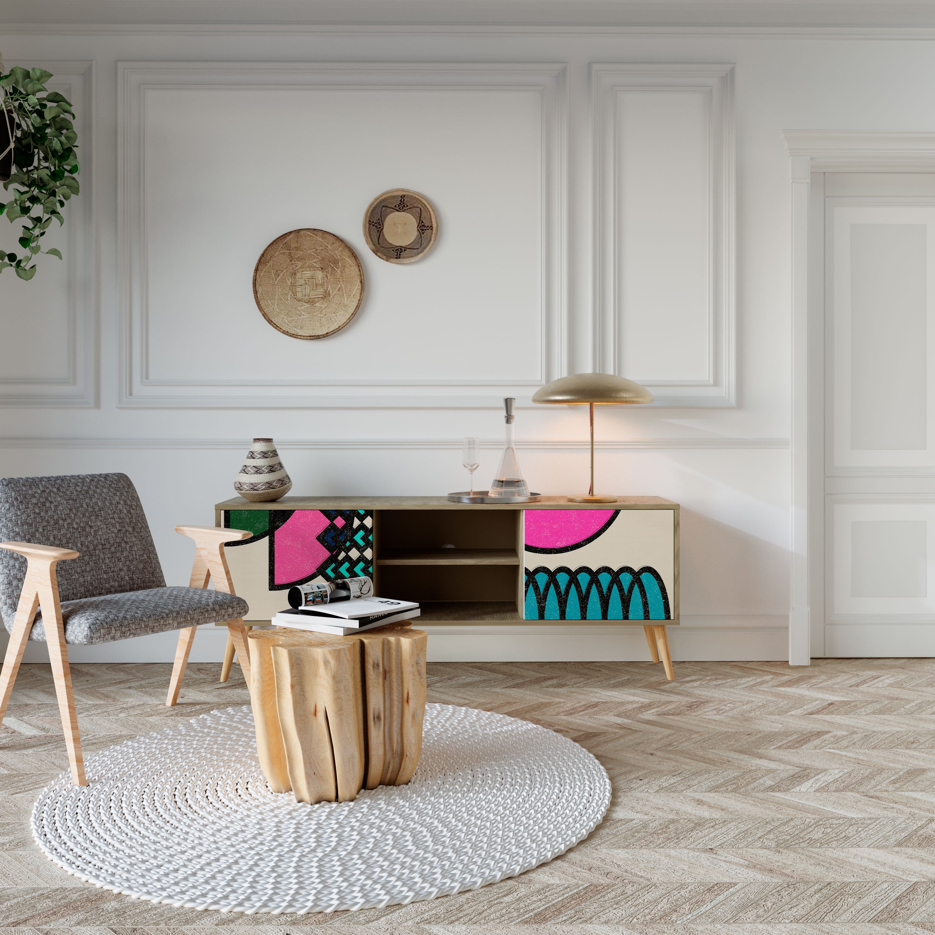 Mueble de TV GEOMETRIC RHAPSODY de 2 puertas con efecto roble