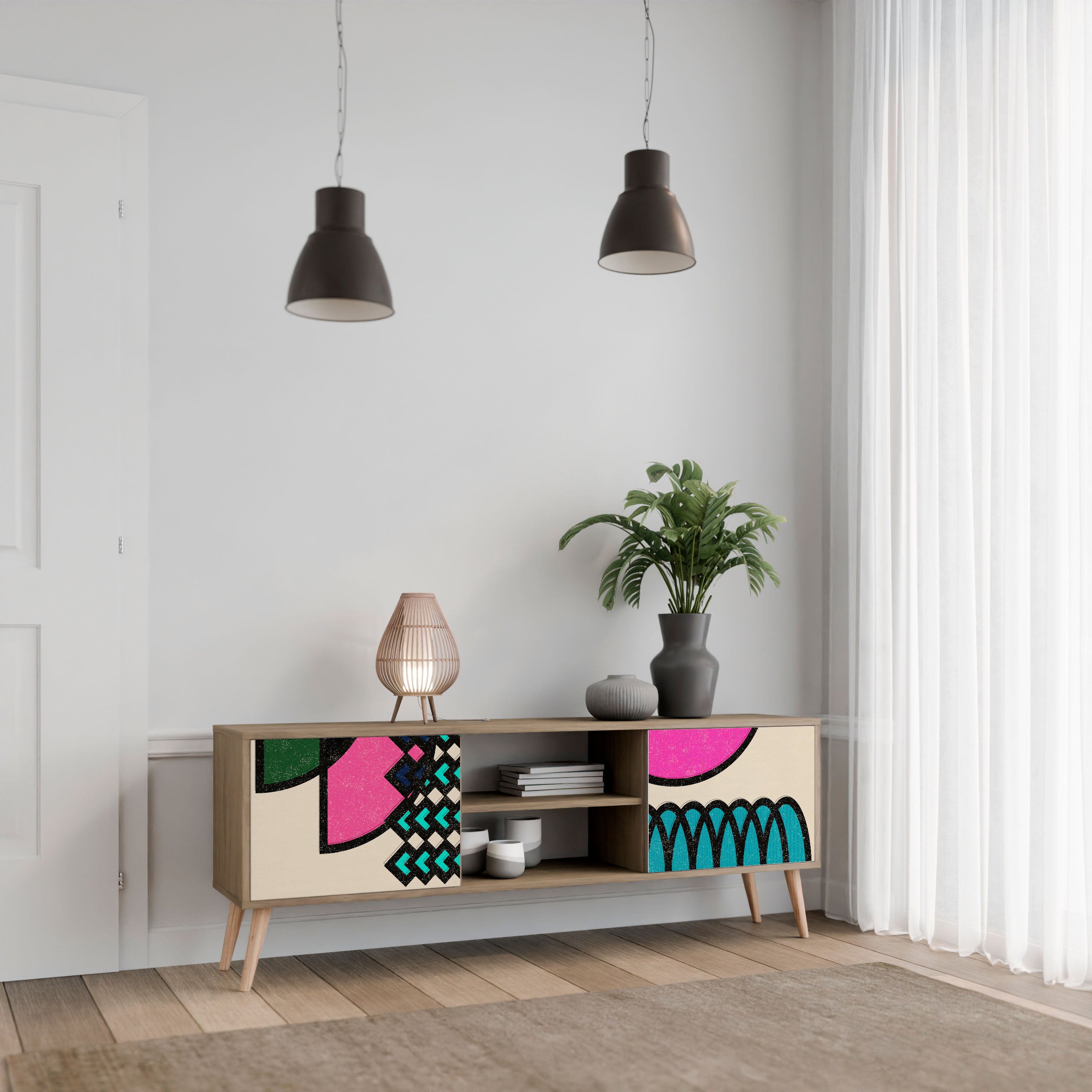 Mueble de TV GEOMETRIC RHAPSODY de 2 puertas con efecto roble