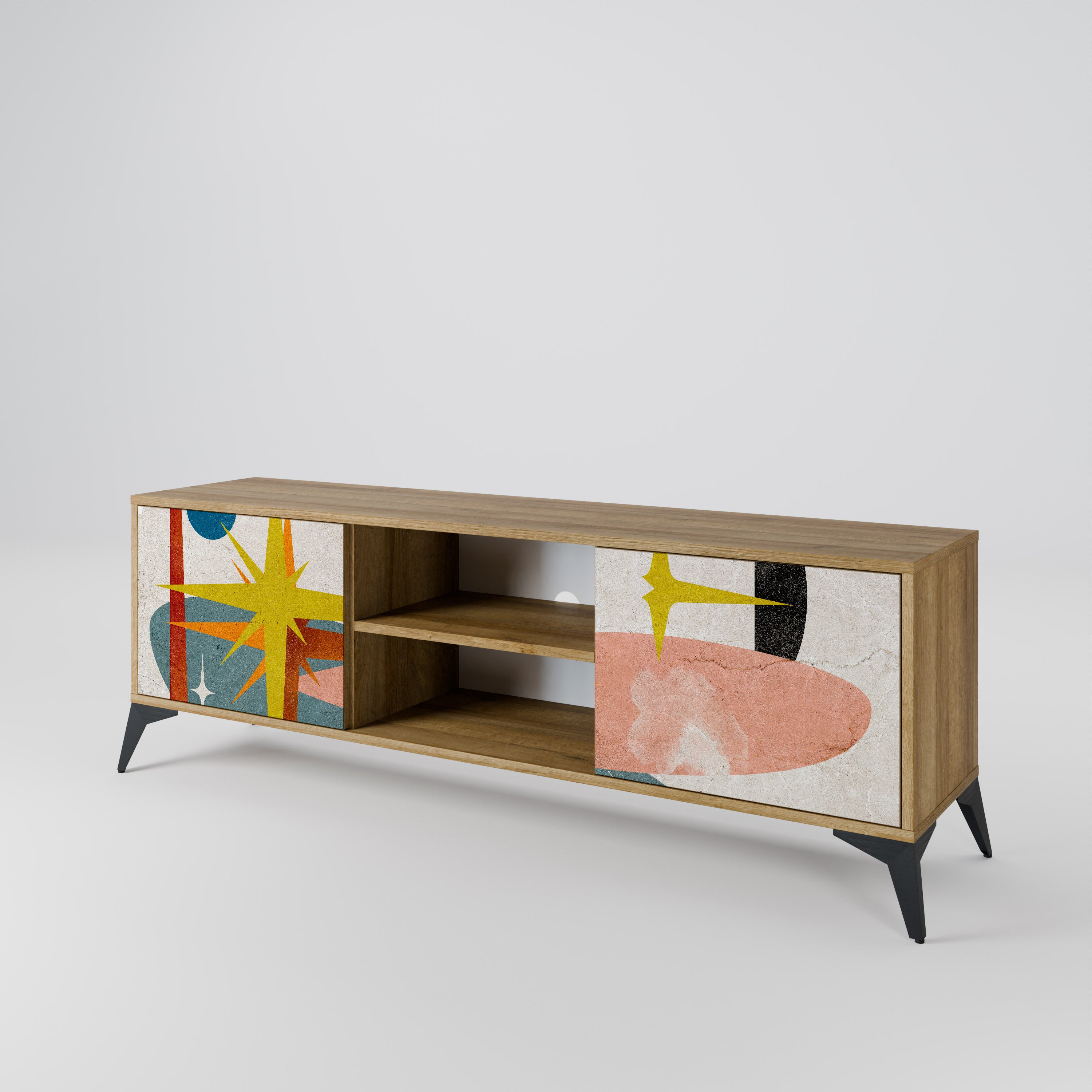 Mueble de TV de 2 puertas INTERSTELLAR VIBES con efecto roble