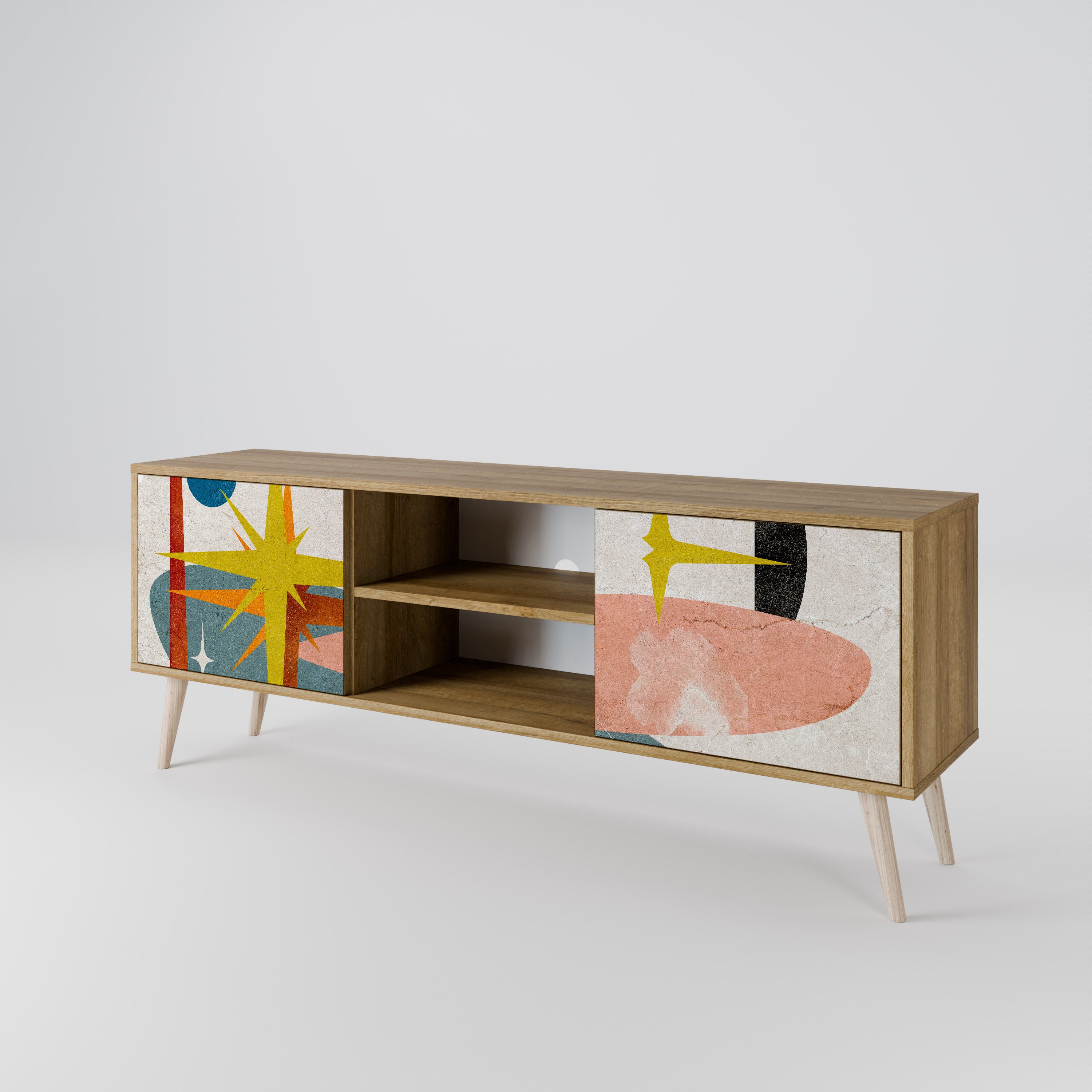 Mueble de TV de 2 puertas INTERSTELLAR VIBES con efecto roble
