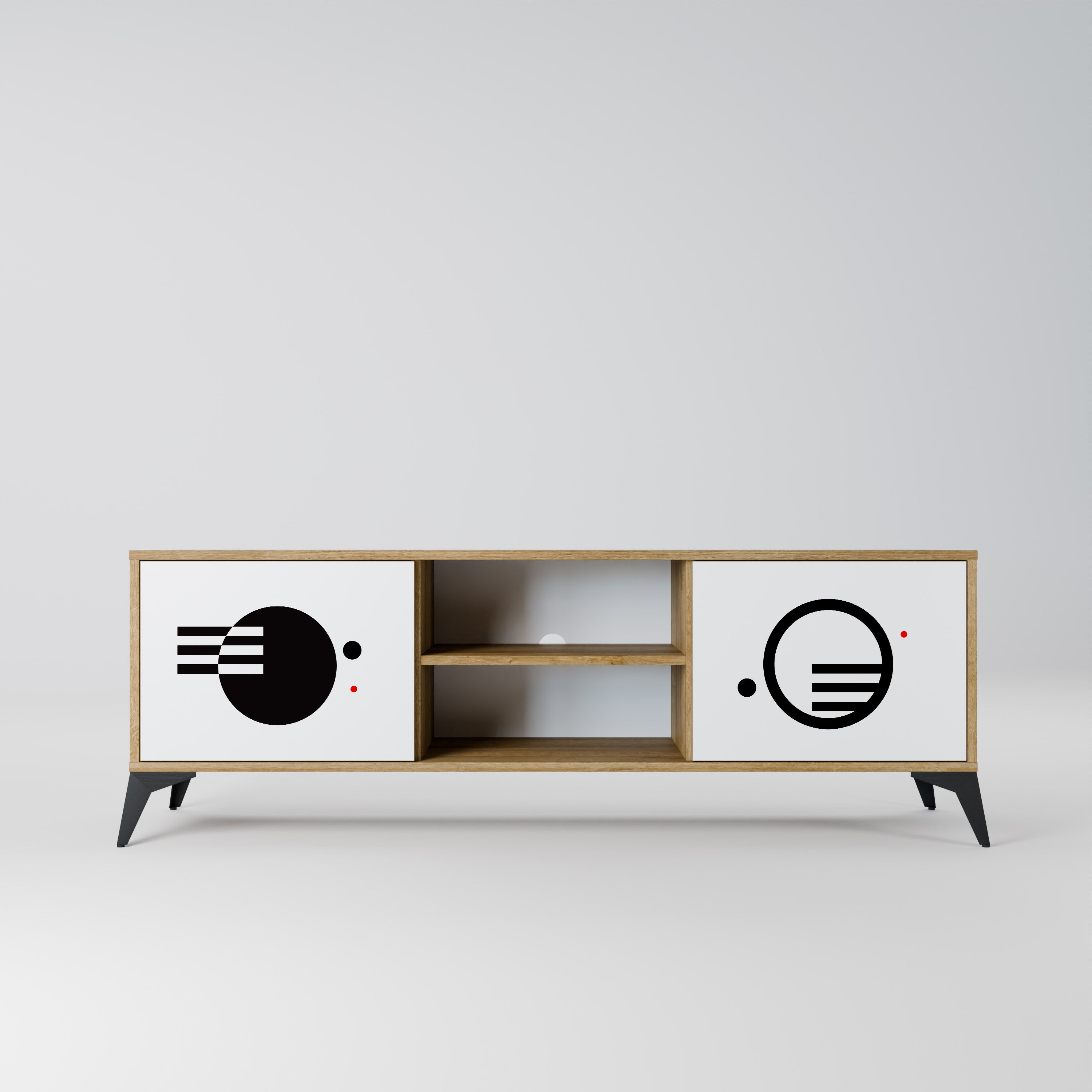 Mueble de TV de 2 puertas con efecto roble COMBINACIÓN BLANCO Y NEGRO