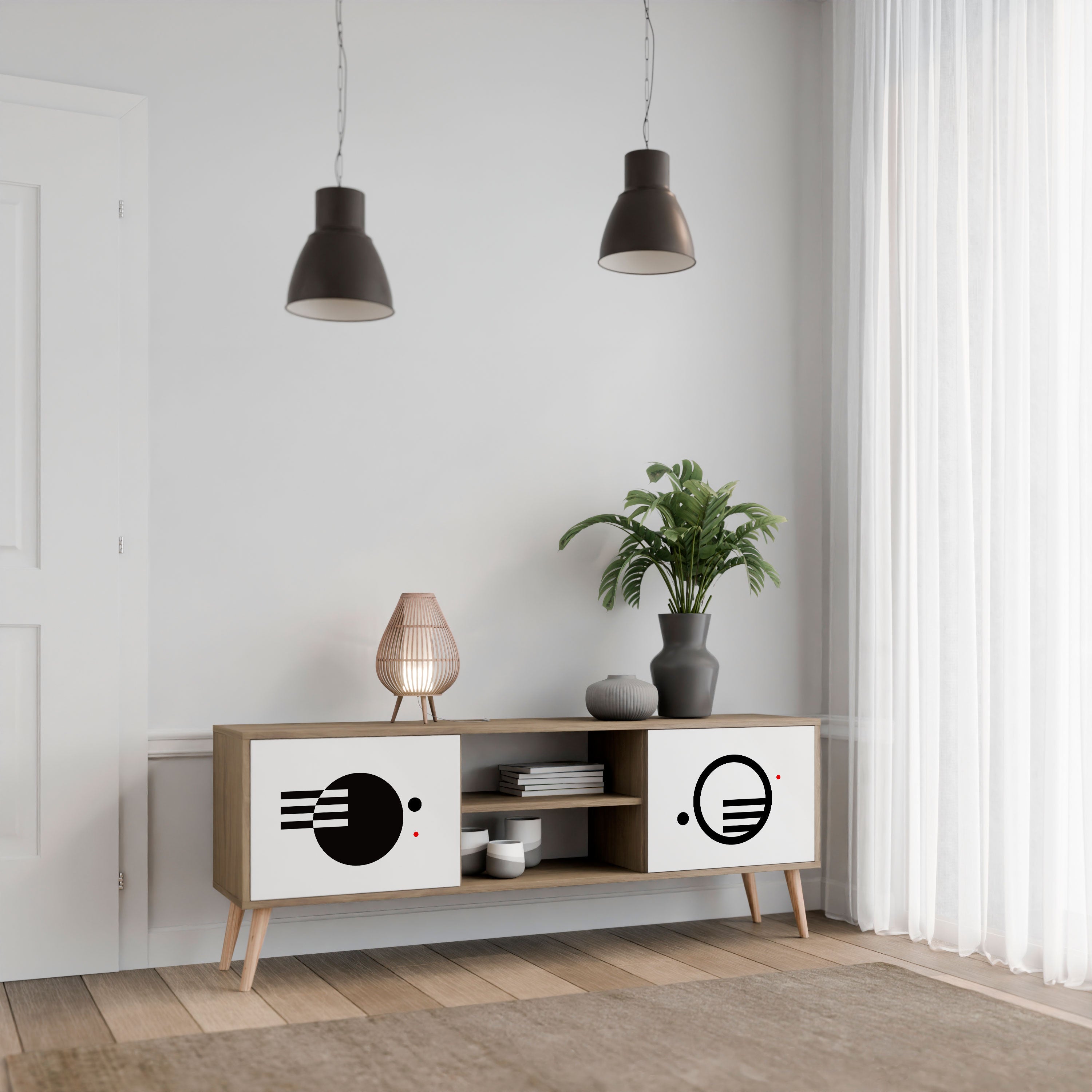Mueble de TV de 2 puertas con efecto roble COMBINACIÓN BLANCO Y NEGRO