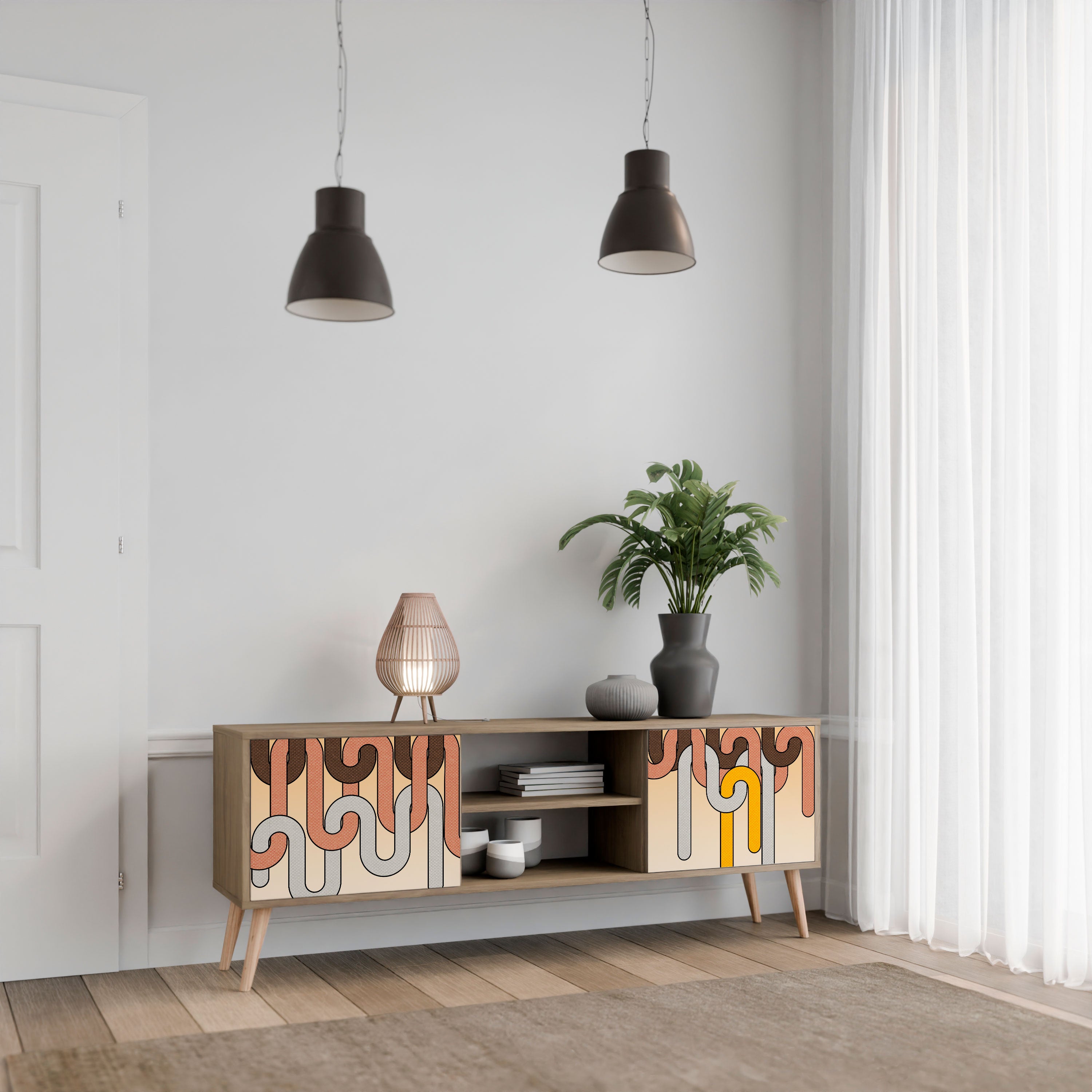 Mueble de TV de 2 puertas COLORFUL STRINGS con efecto roble