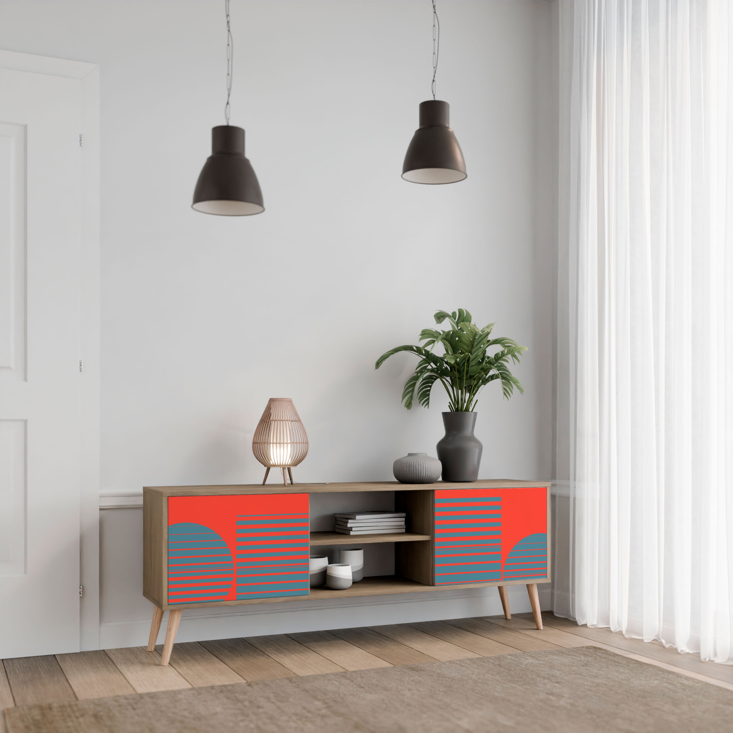 Mueble de TV de 2 puertas RISING GEOMETRY STARS con efecto roble
