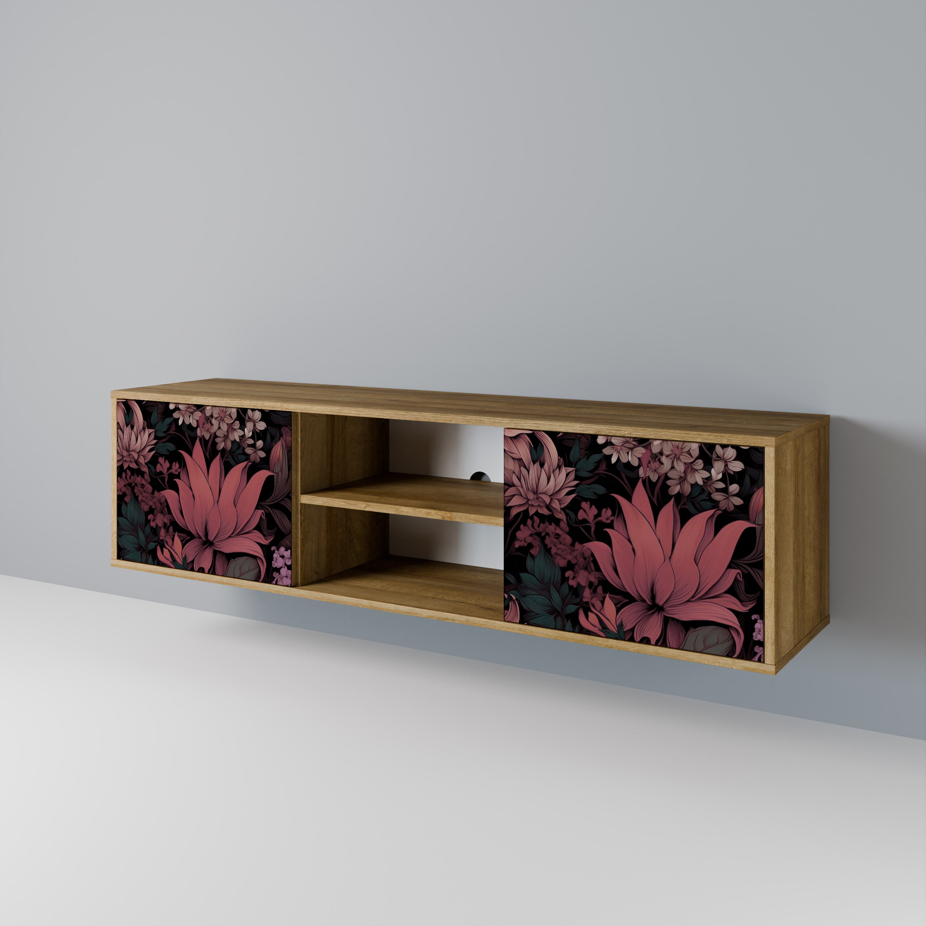 Mueble de TV de 2 puertas FLORAL WHISPER con efecto roble