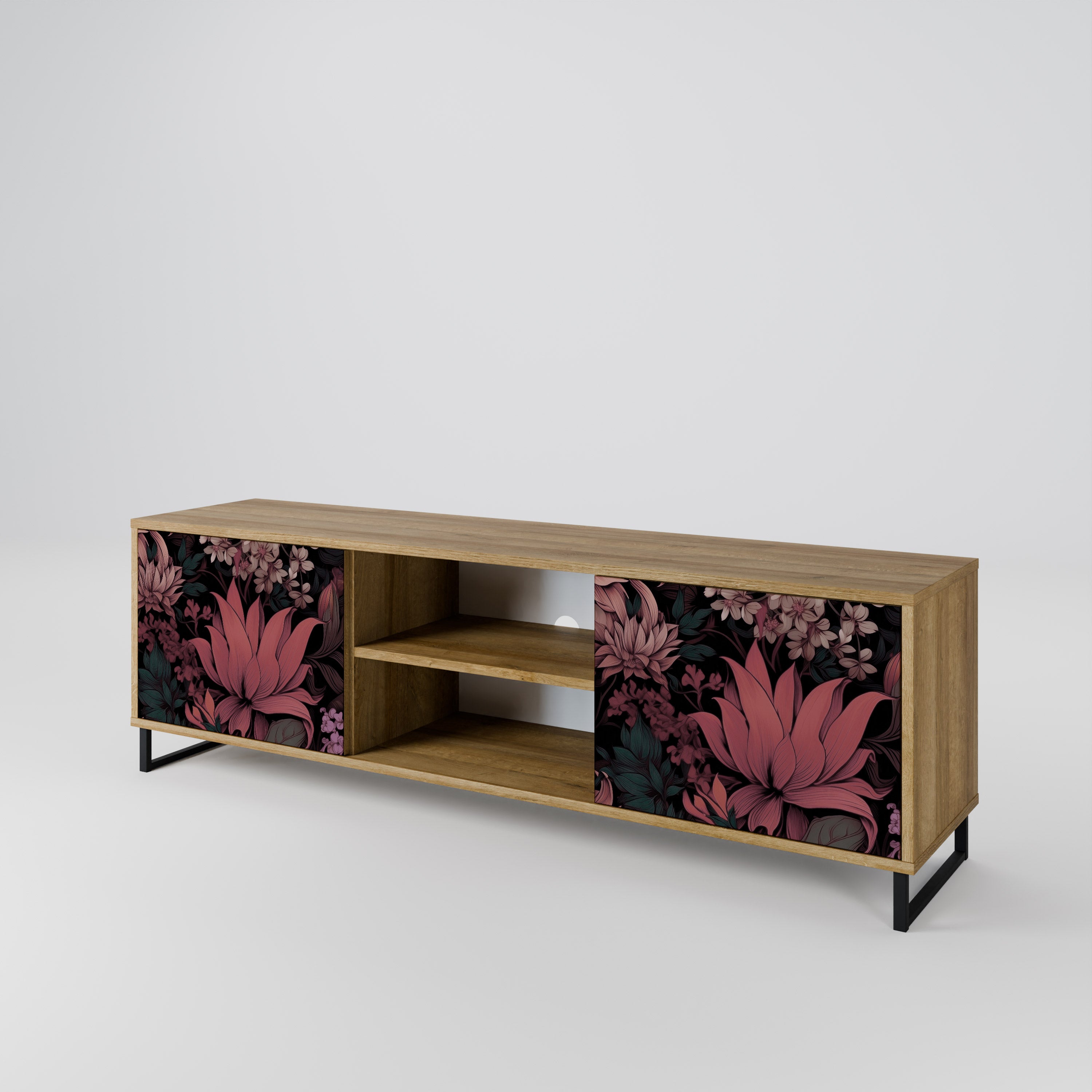Mueble de TV de 2 puertas FLORAL WHISPER con efecto roble