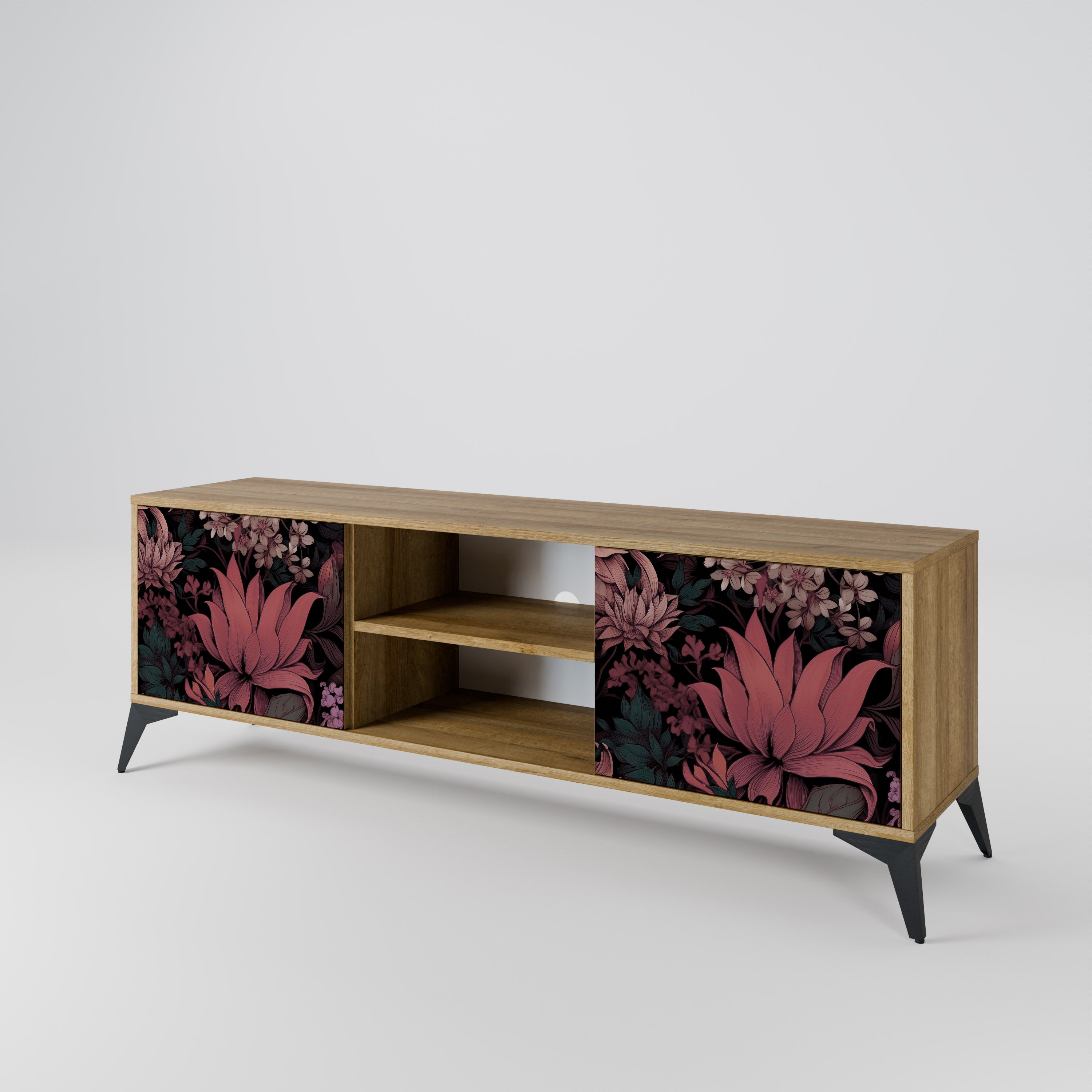 Mueble de TV de 2 puertas FLORAL WHISPER con efecto roble
