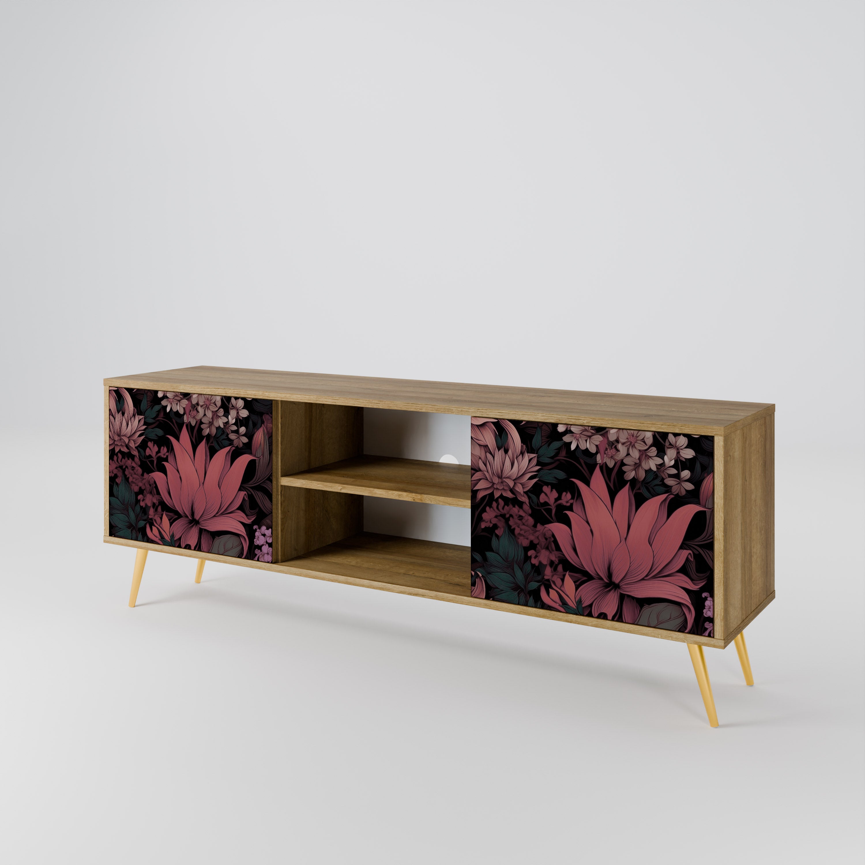 Mueble de TV de 2 puertas FLORAL WHISPER con efecto roble