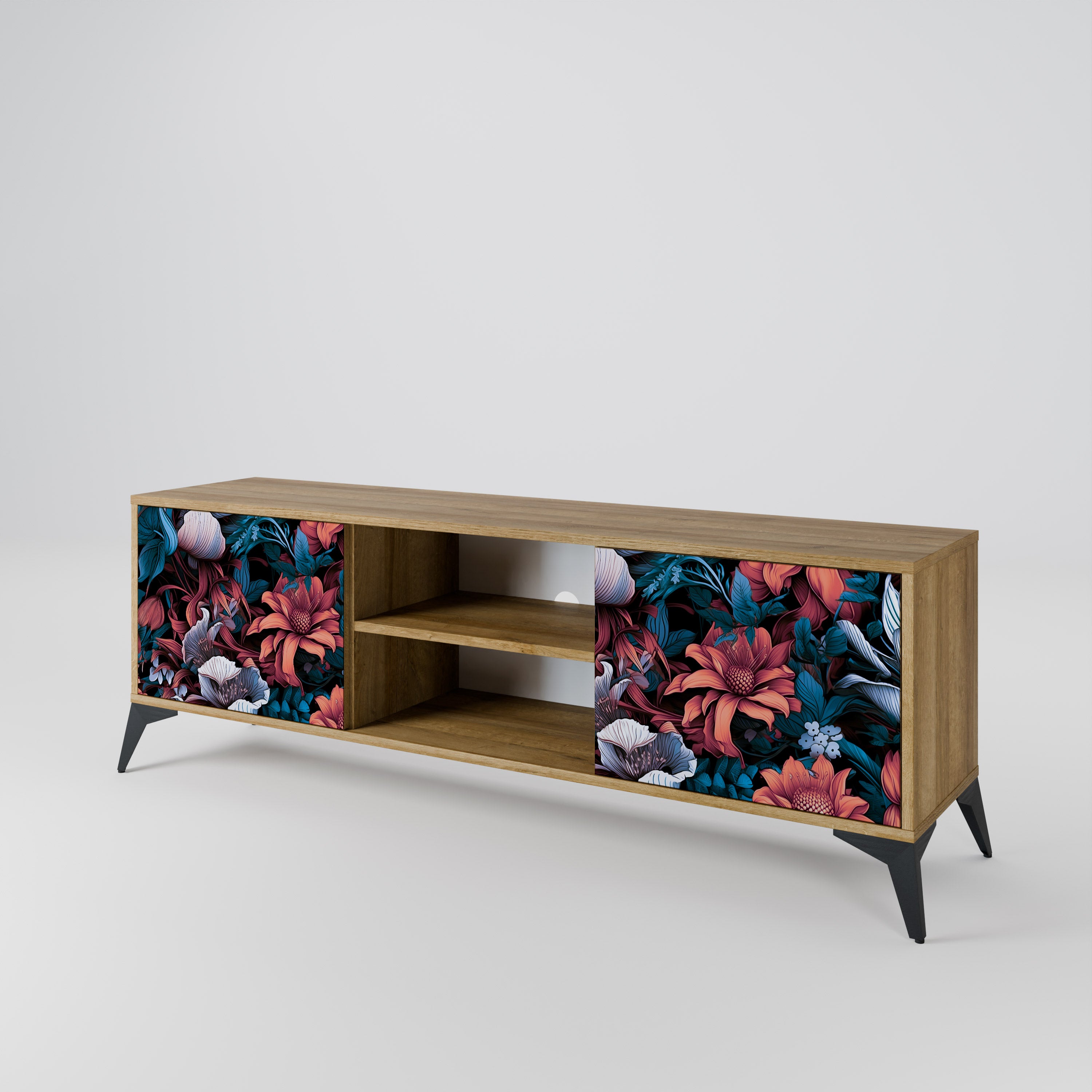 Mueble de TV de 2 puertas ETHEREAL BLOSSOMS con efecto roble